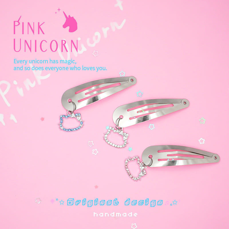 Y2K Cool Girl Hair Clip Silver Metal Rhinestone - Pink Unicorn by Land Decora