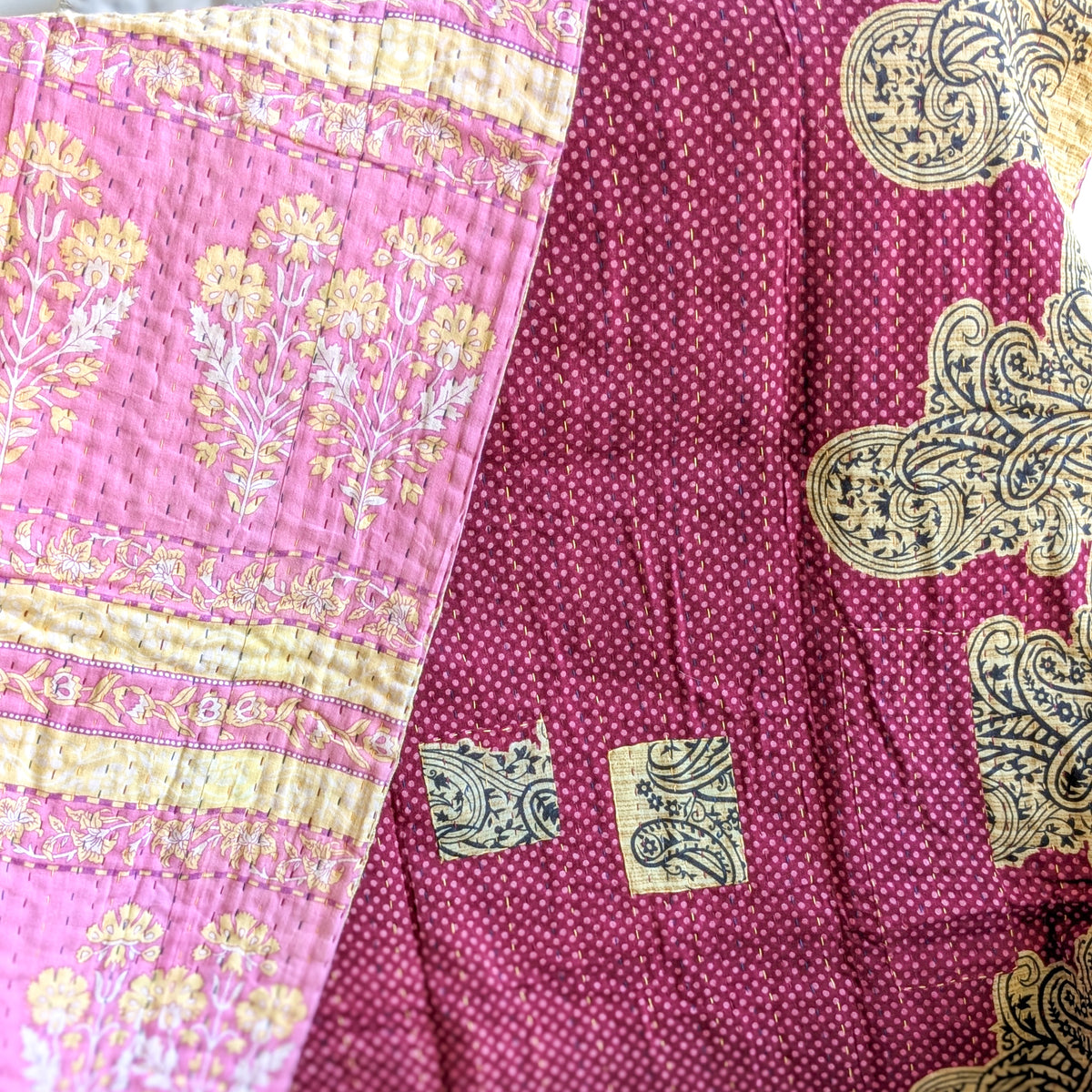 Mini kantha quilt in shades of pink, burgundy & beige, handwoven in Ba by Shakti.ism
