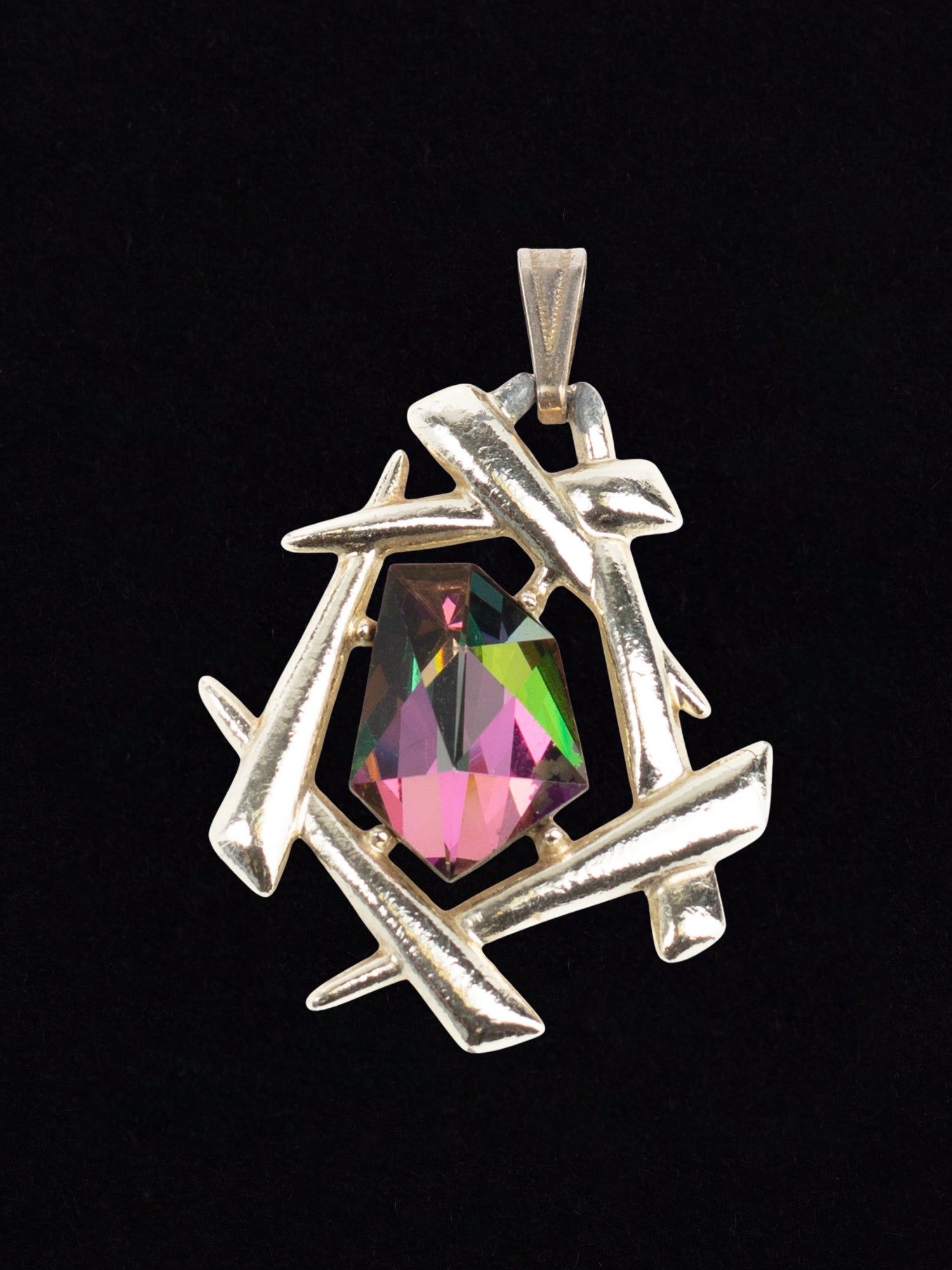 Vintage 80s Abstract Pendant with Rainbow Crystal – Silver-Tone Brutalist Design by Northern Grip