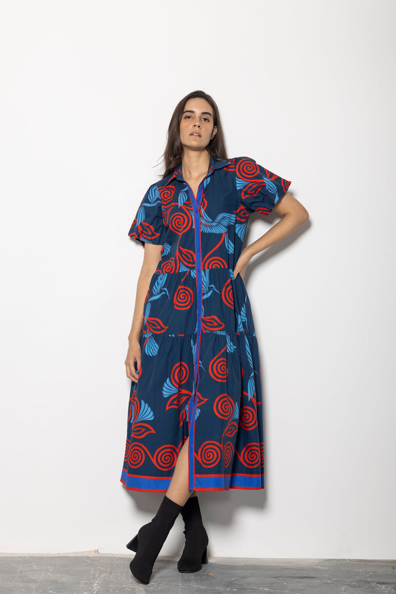 INDIGO FEATHERS DELLA DRESS by Maude Vivante