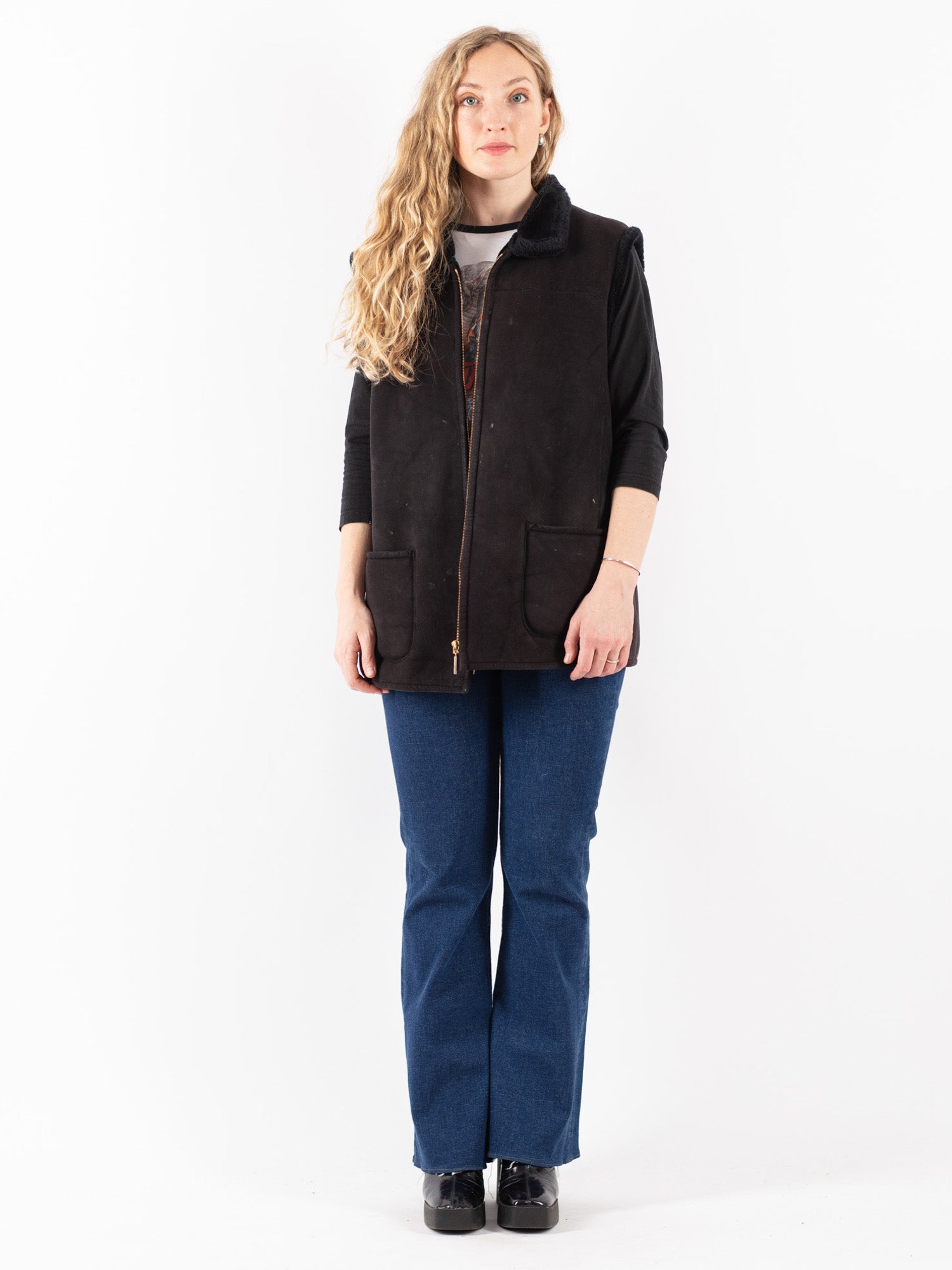 Vintage 00's Women Faux Sheepskin Vest in Black by Northern Grip