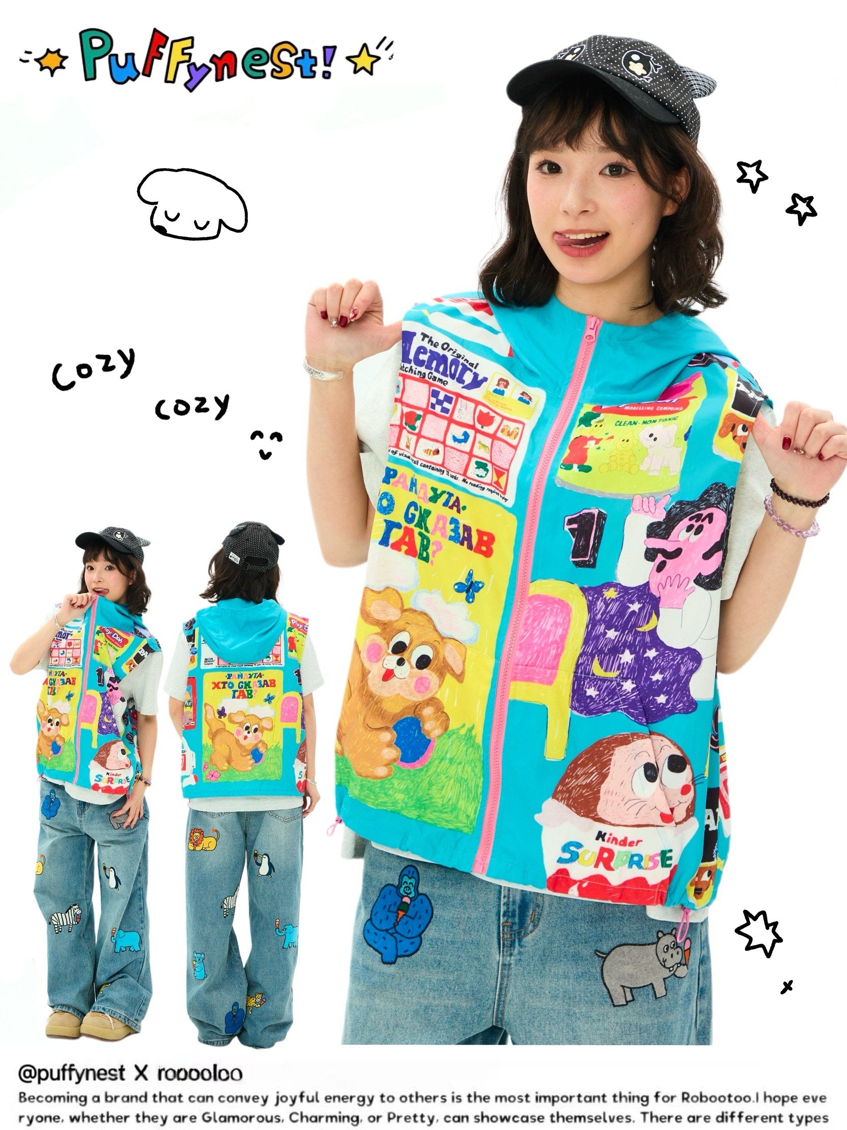 Color Print Hooded Zip Vest Y2K Kawaii - Robootoo by Land Decora