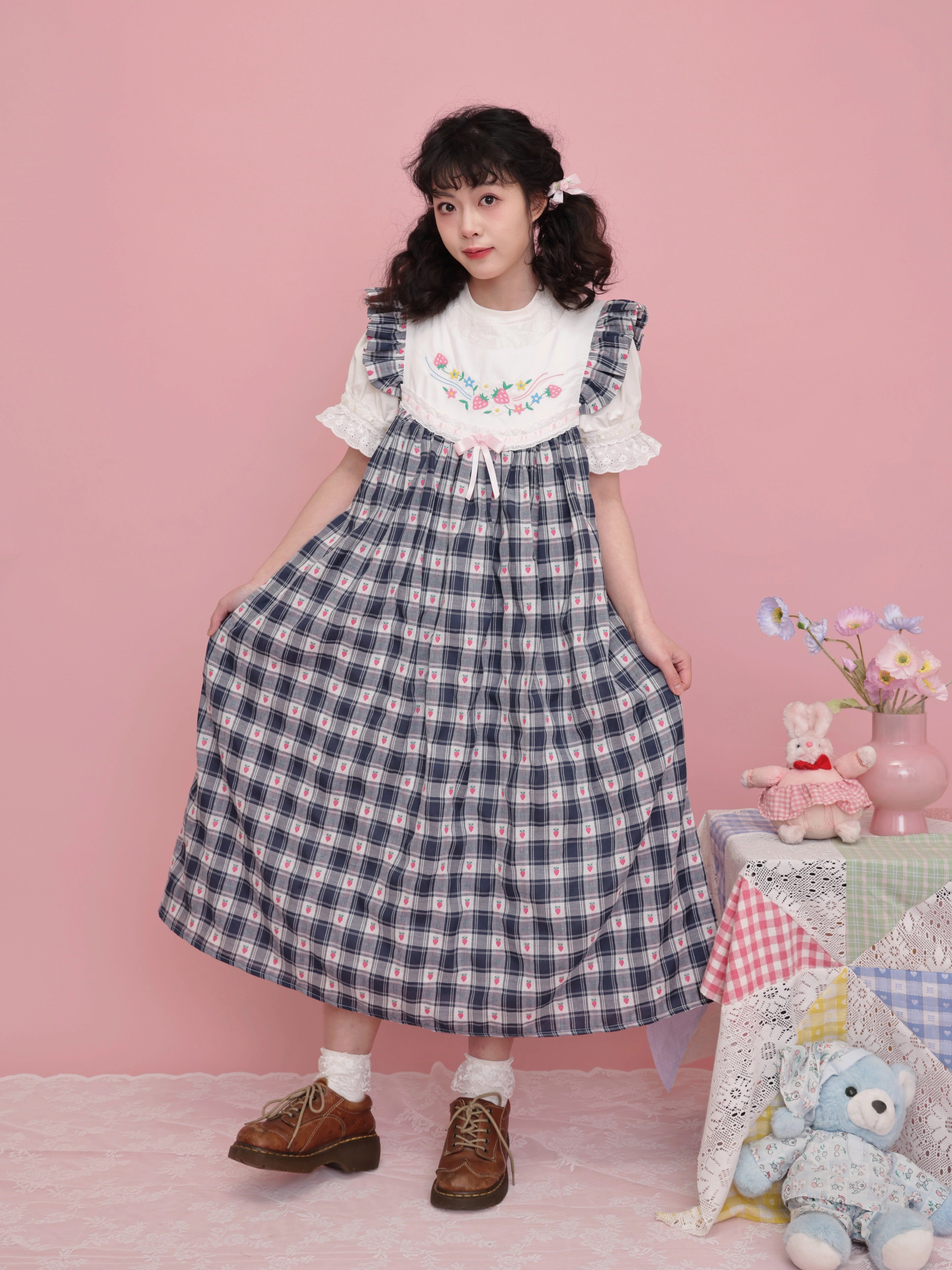 SemenCoicis Vintage Dress Strawberry Bow Dress Plaid Dress | Retro Fas by Land Decora