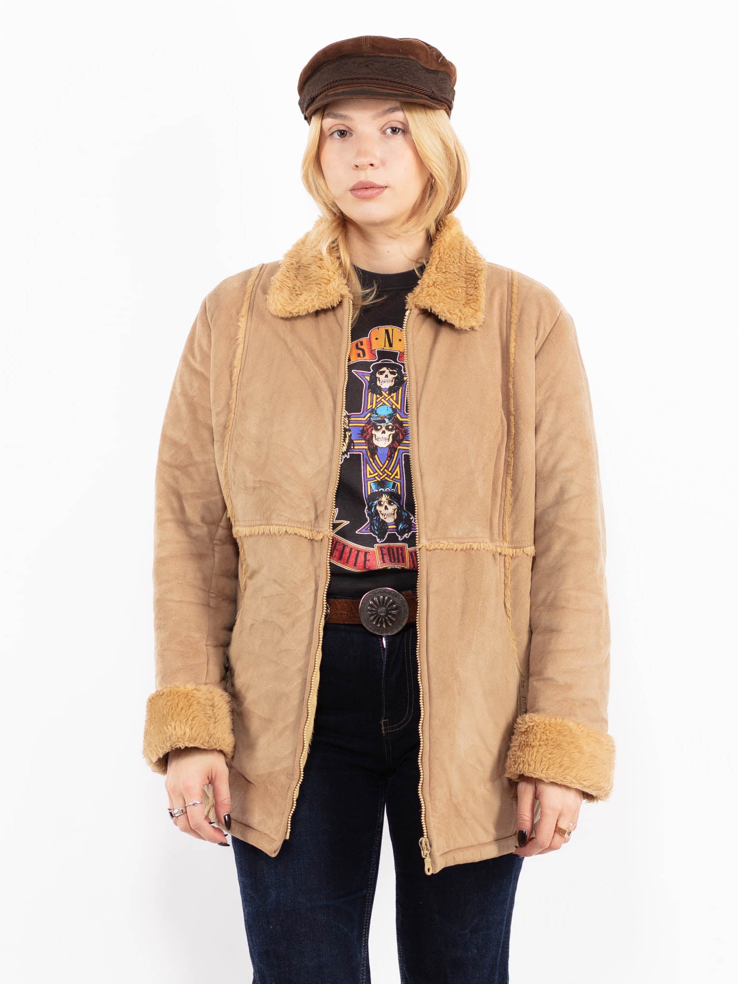 Vintage 90's Women Faux Sheepskin Coat in Beige by Northern Grip