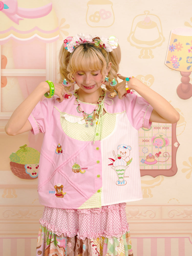 Decora Kei Pink Embroidered Asymmetric Shirt - Lutra Jump by Land Decora