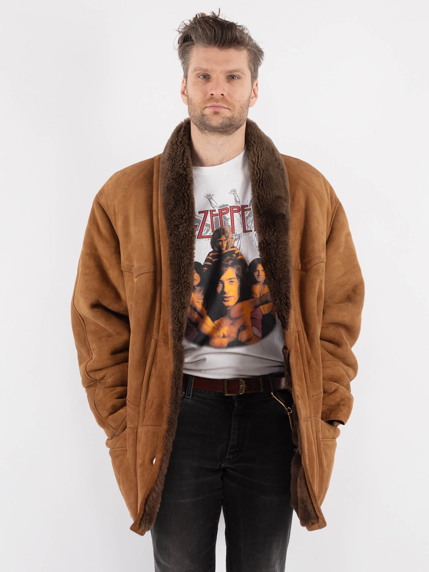 Vintage 80's Men Sheepskin Shearling Coat in Brown by Northern Grip