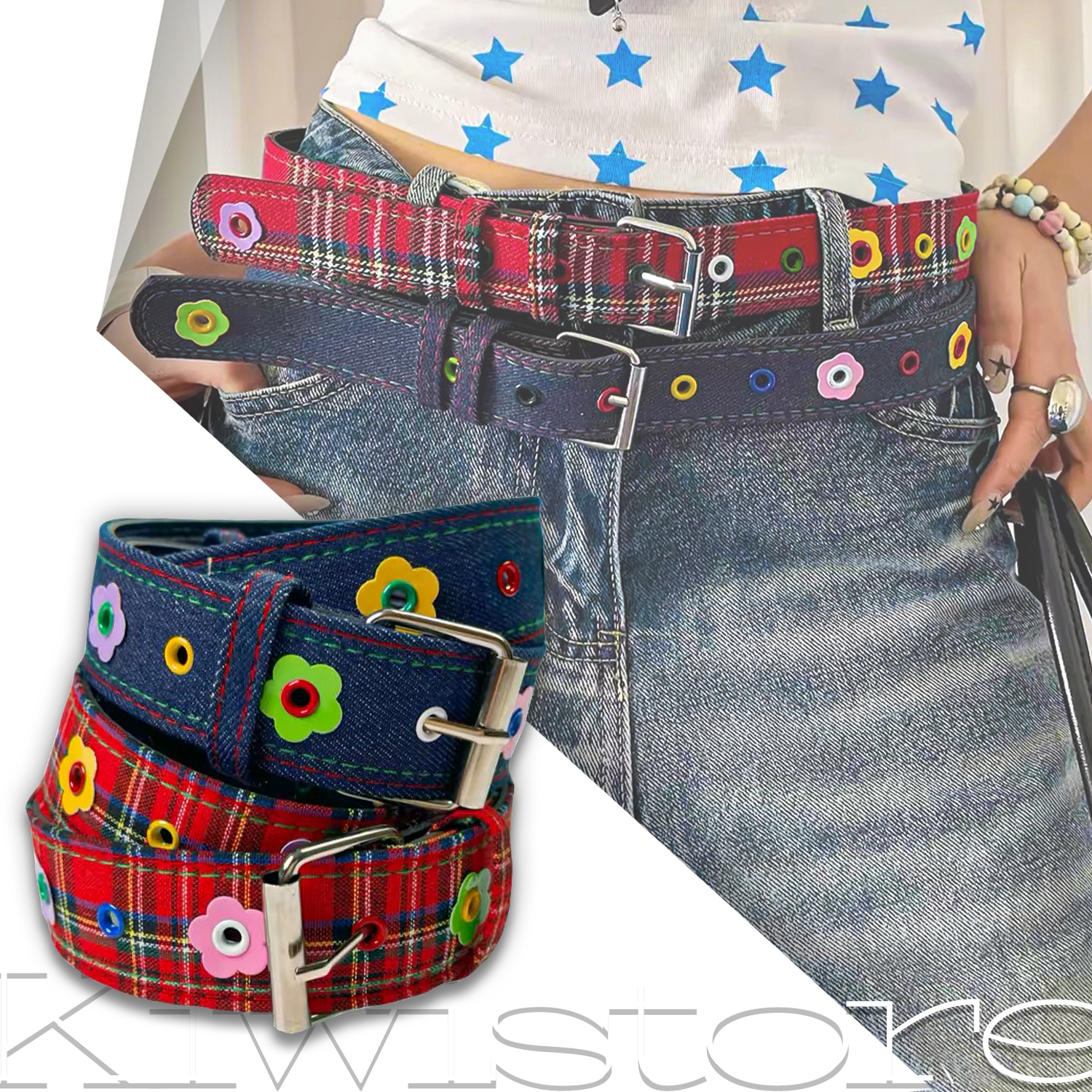 Y2K Colorful Plaid Denim Belt | Harajuku Streetwear Accessory | Kiwi Store by Land Decora