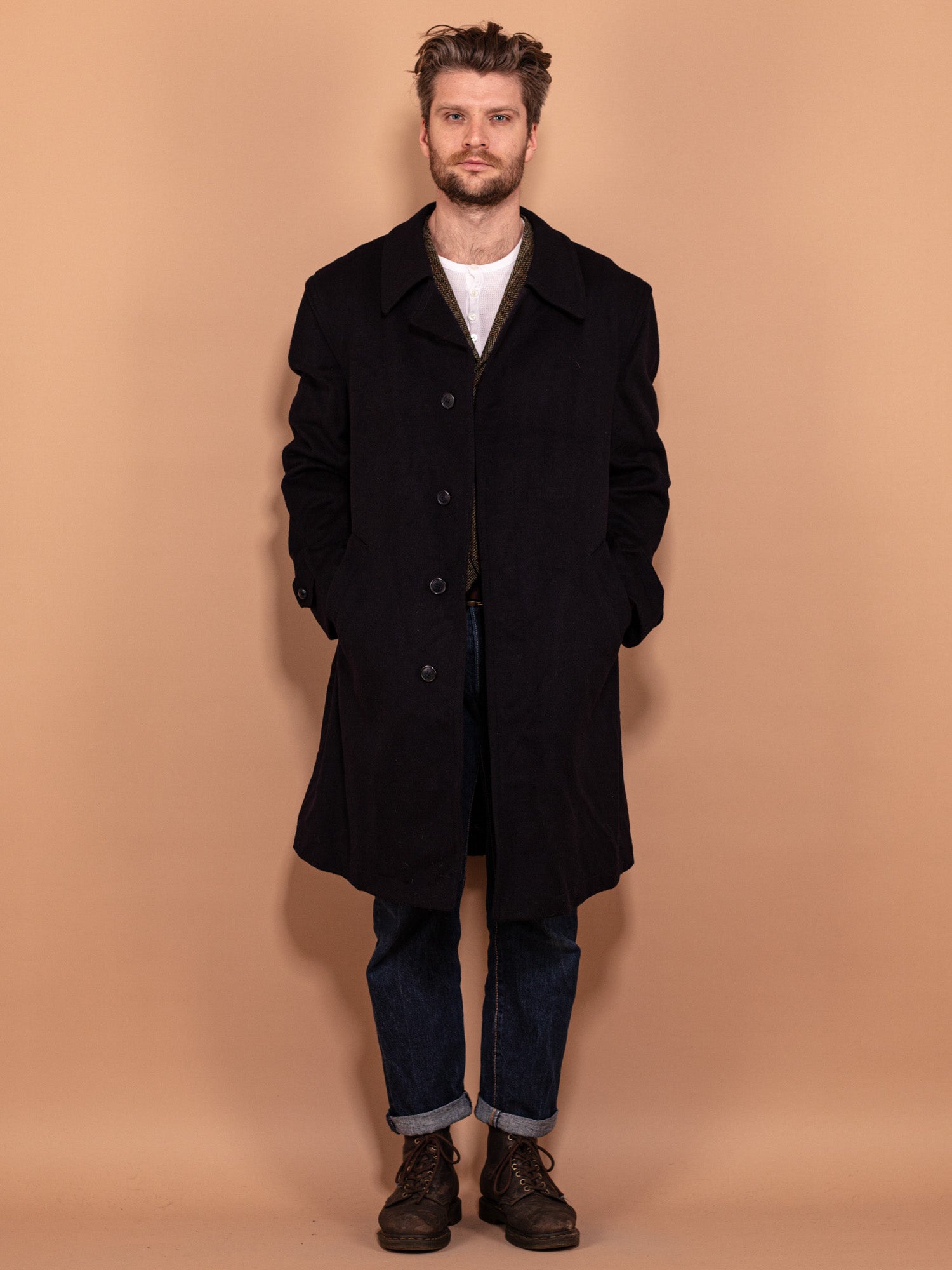 Vintage 90's Men Loden Wool Overcoat in Navy Blue by Northern Grip