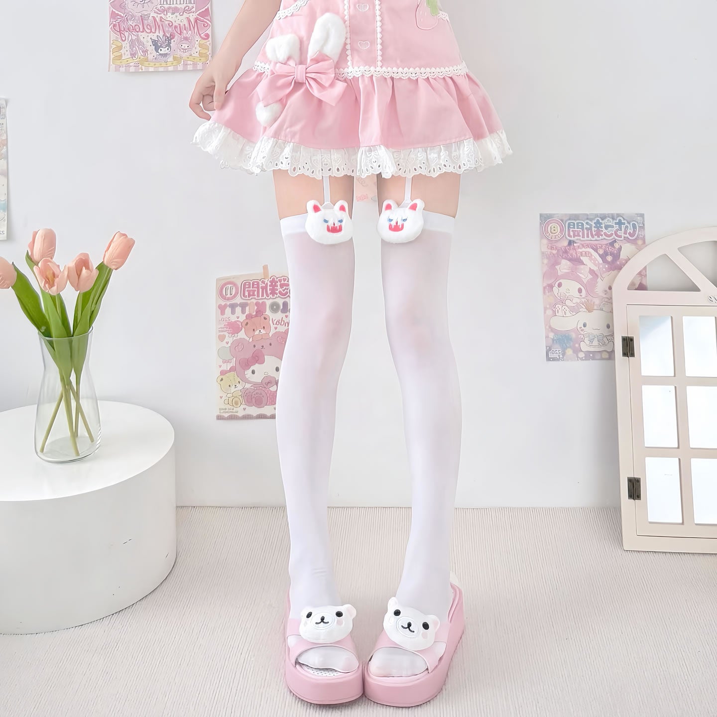 Kawaii Over Knee Socks Velvet Lolita Sweetheart Stockings - 2 Bears by Land Decora