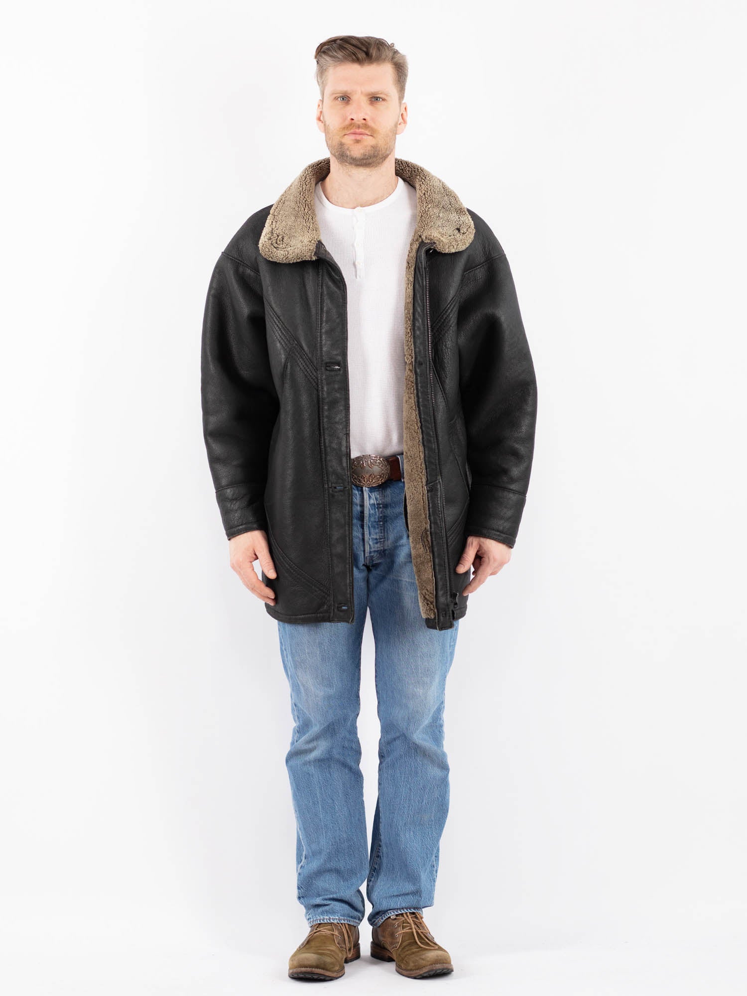 Vintage 90's Men Sheepskin Coat in Black by Northern Grip