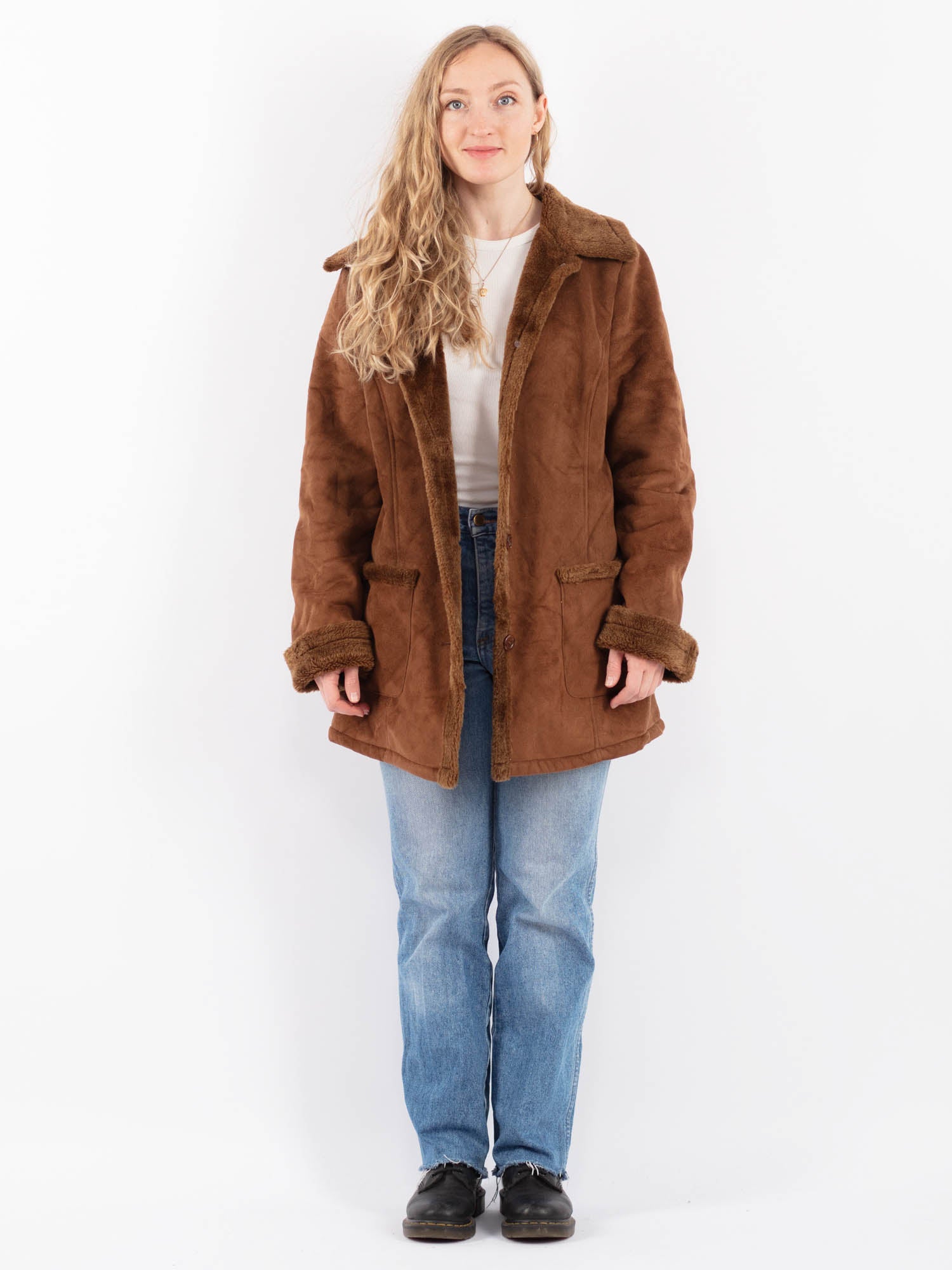 Vintage 90's Women Faux Sheepskin Coat in Brown by Northern Grip