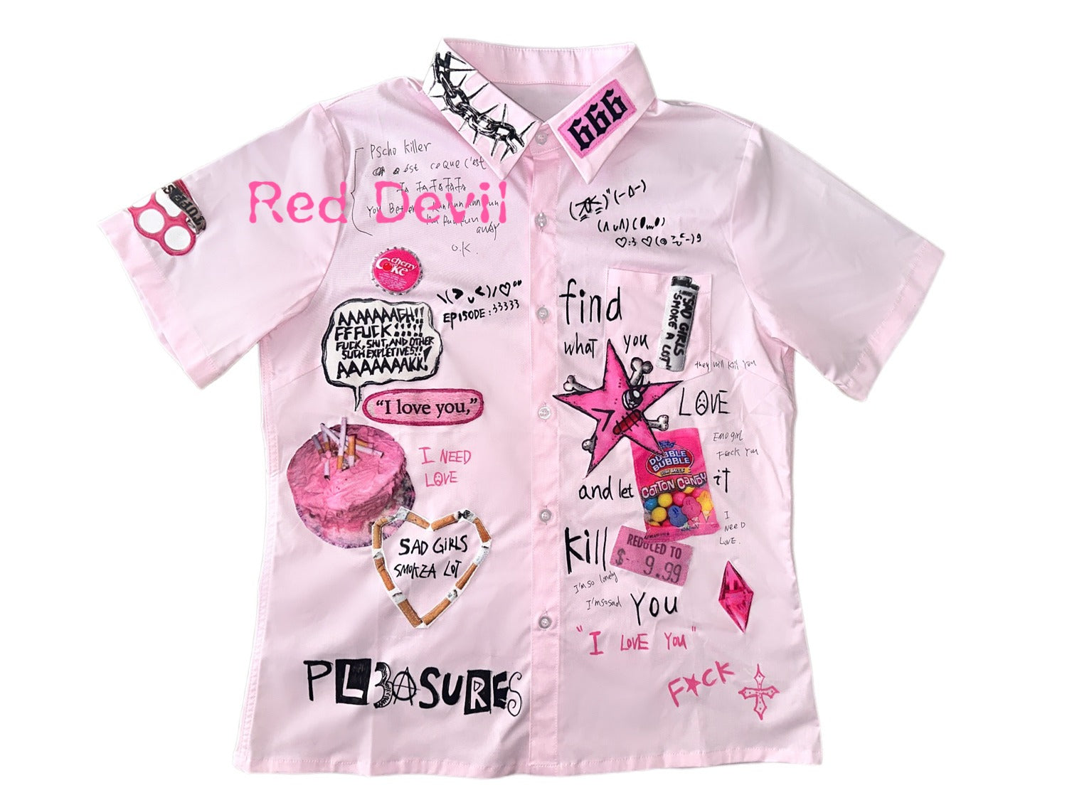 Red Devil Shirt Decora Kei T-shirt Pink Graffiti JK Short-Sleeve Shirt by Land Decora