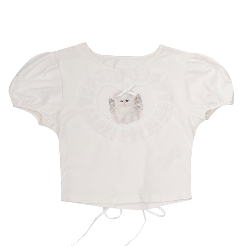 Harajuku T-shirt Angel Cat T-shirt Heart Lace Tee Puff Sleeve T-shirt by Land Decora