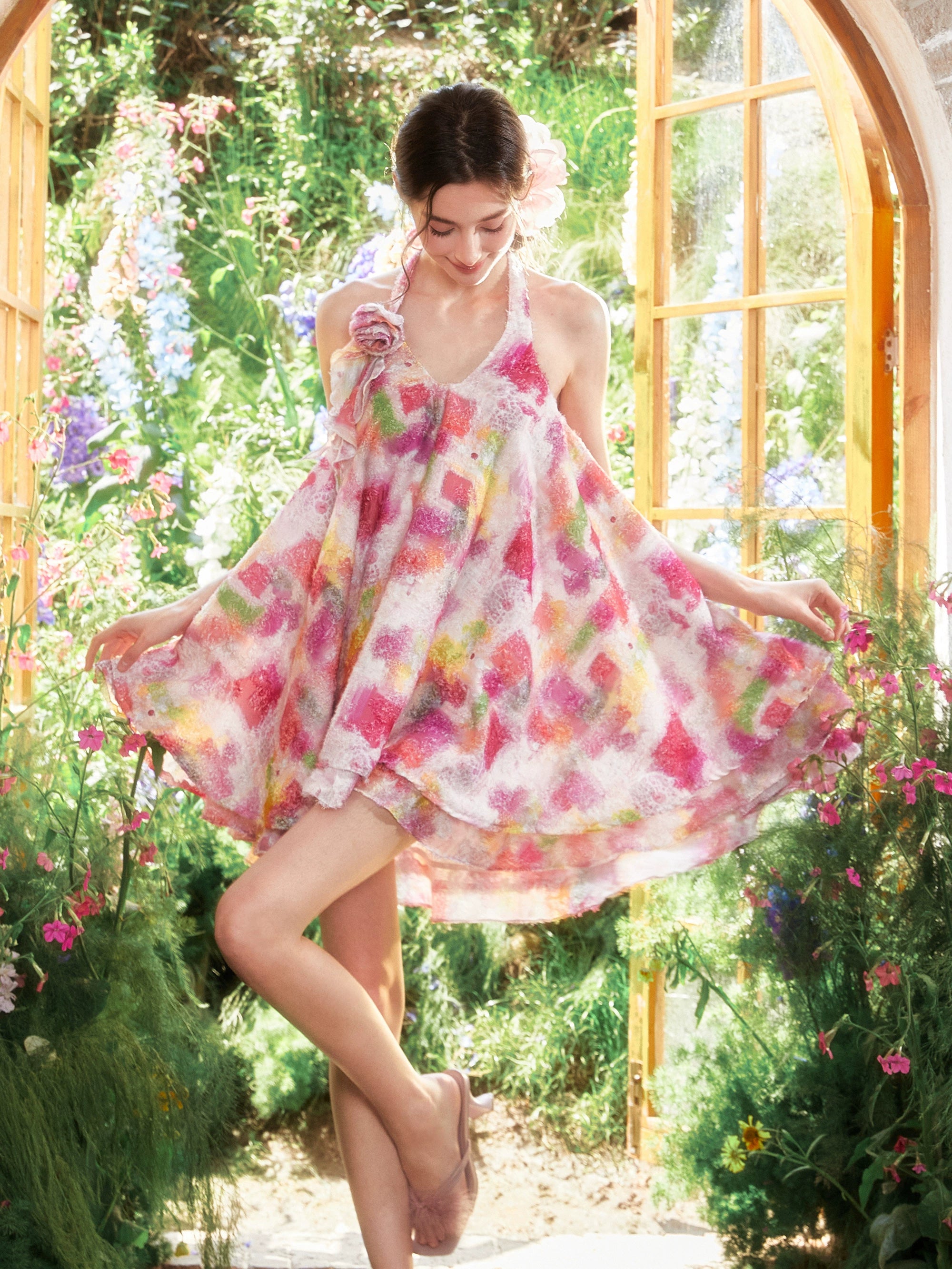 GirlyVibes Dress Floral Sweet Dress A-Line Dress Halter Neck Dress – YZZI HE by Land Decora