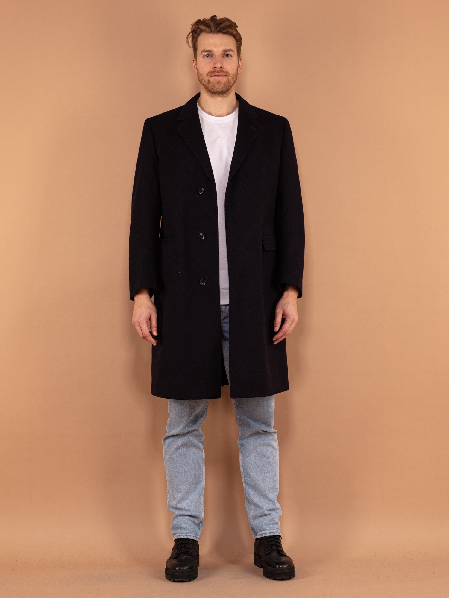 Vintage 80's Men Wool Coat in Navy by Northern Grip