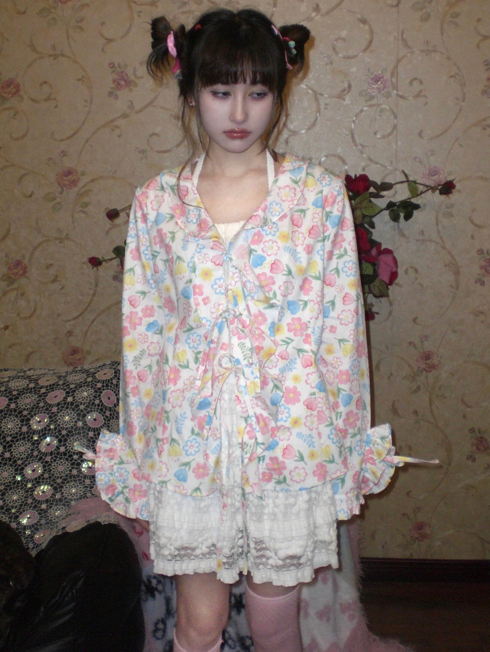 Floral Ruffle Tie Cardigan - HIBABAO by Land Decora