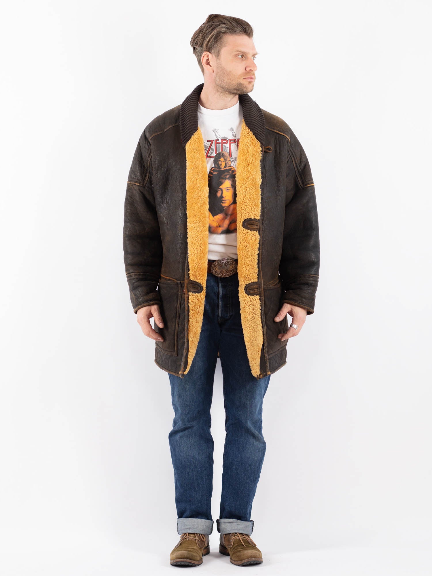 Vintage 70's Men Sheepskin Shearling Coat in Brown by Northern Grip