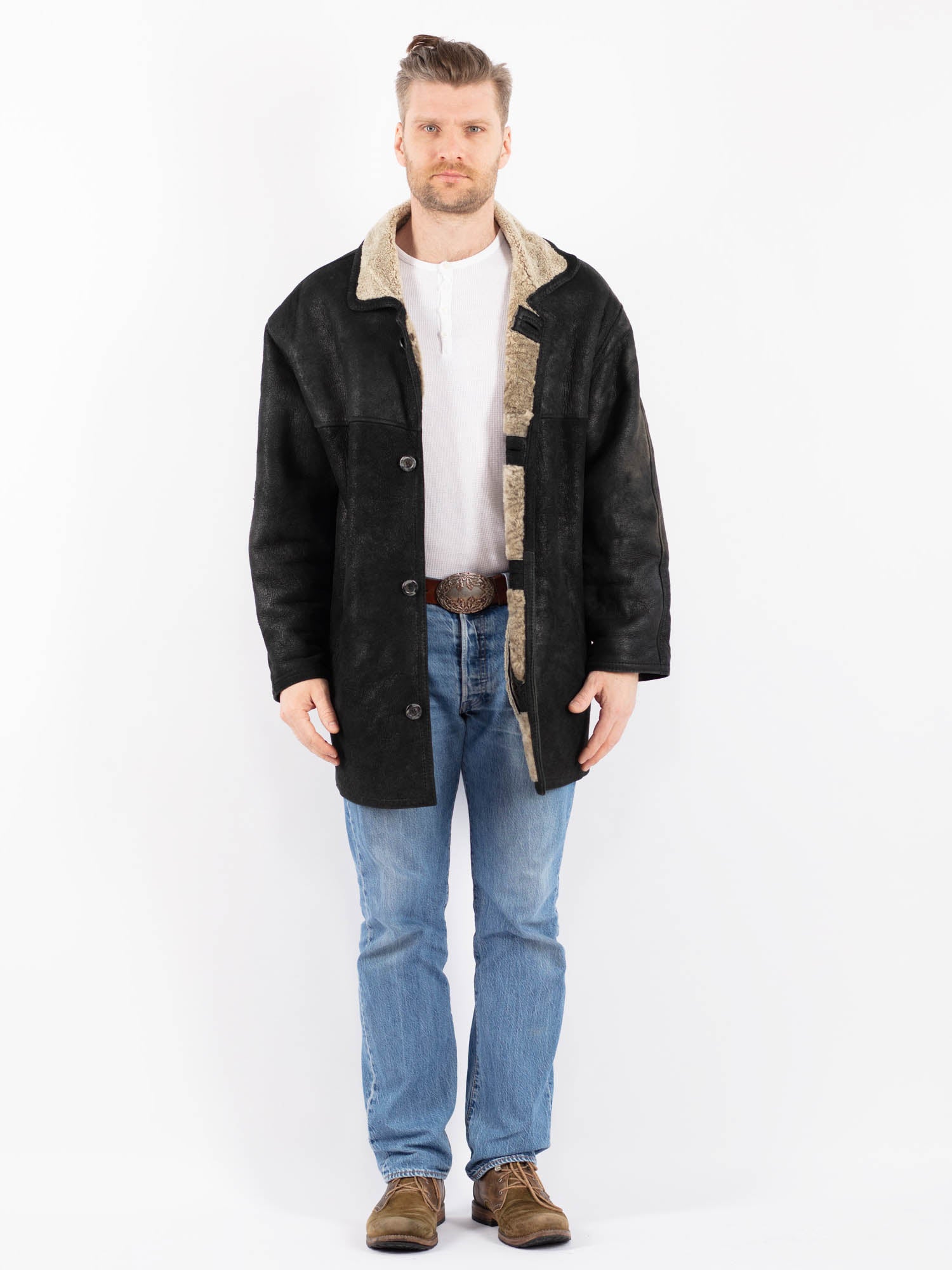Vintage 90's Men Sheepskin Coat in Black by Northern Grip