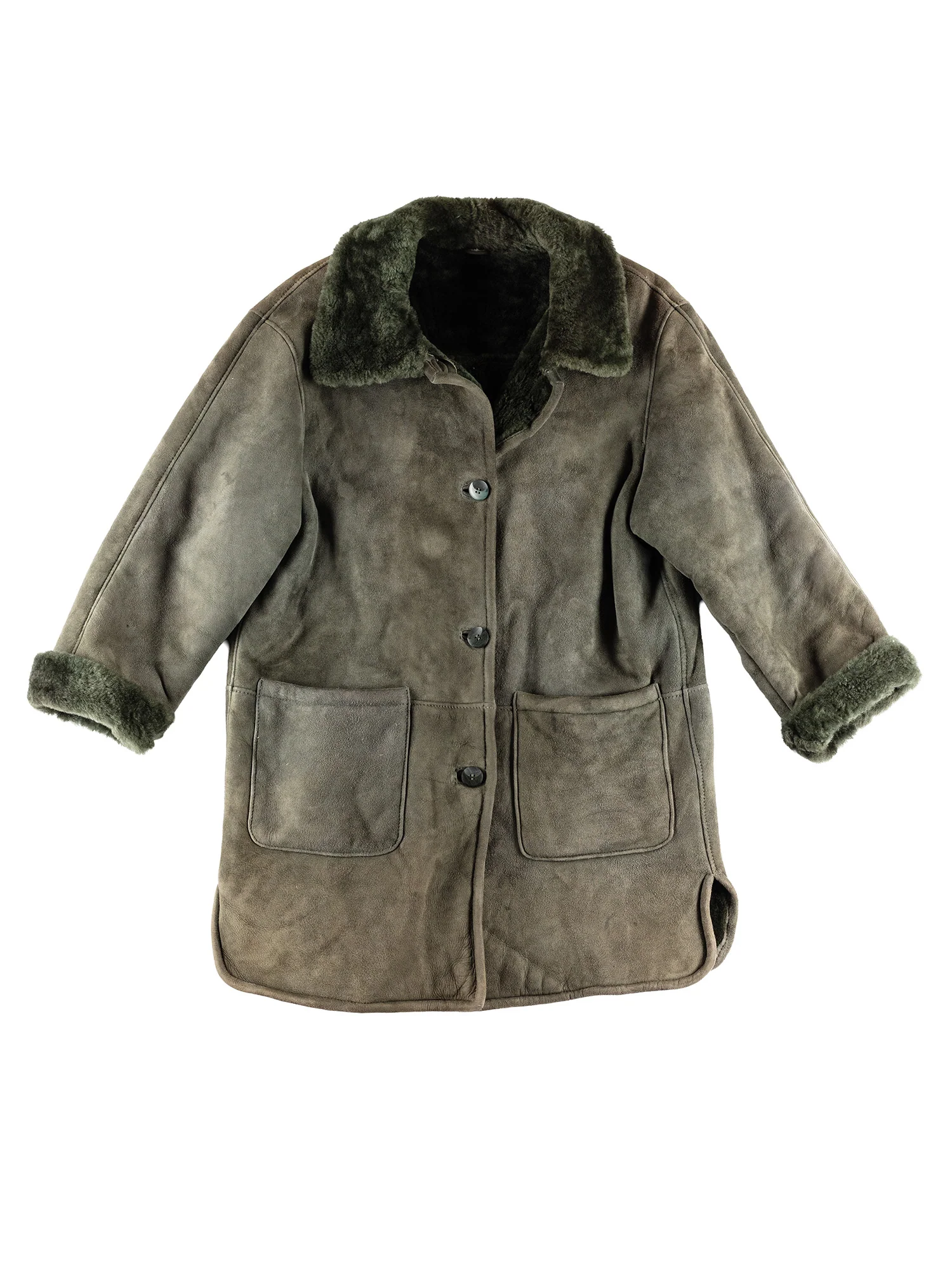 Vintage 70's Women Sheepskin Coat in Olive Green by Northern Grip