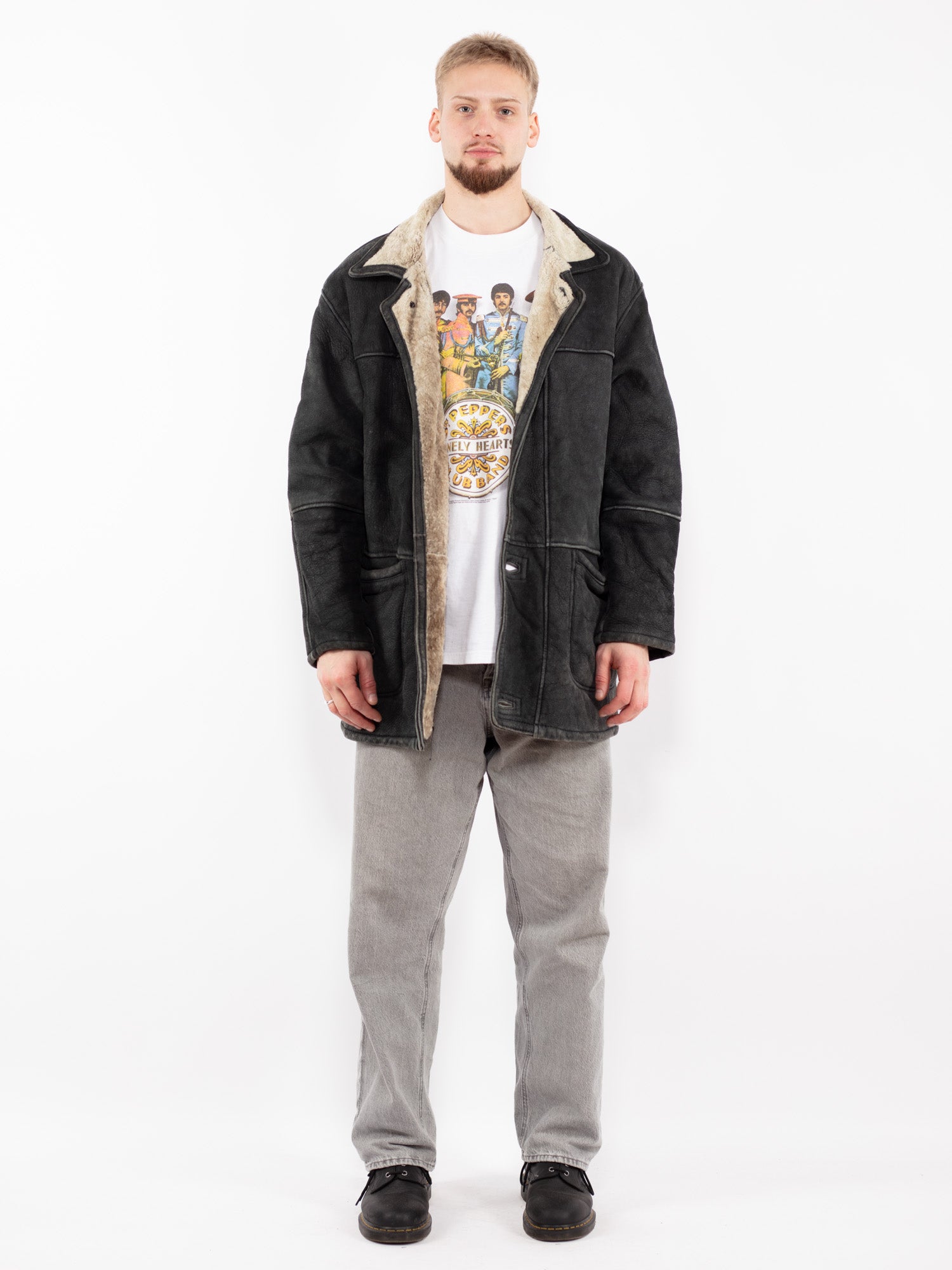 Vintage 90's Men Sheepskin Coat in Faded Black by Northern Grip