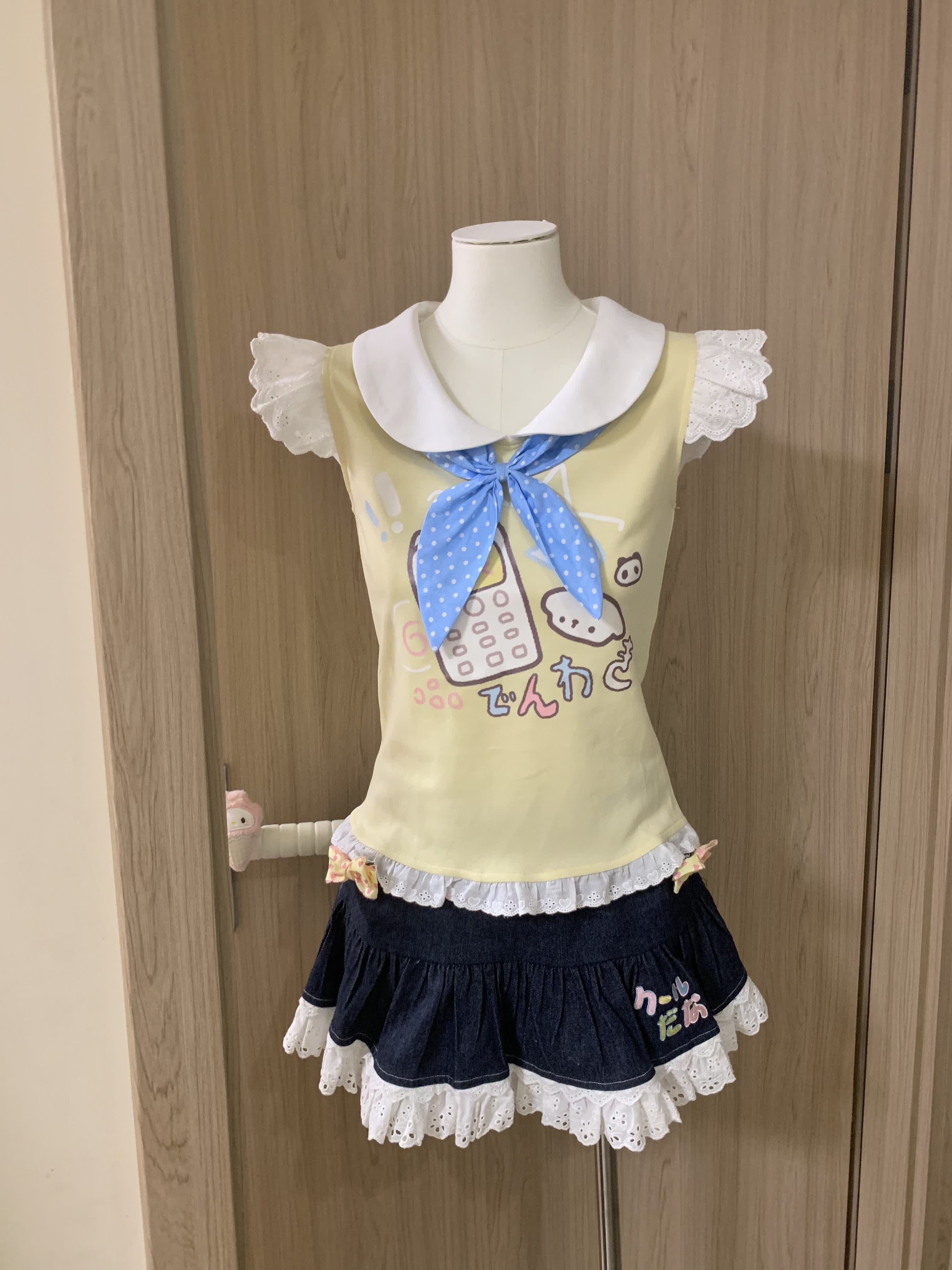 Kawaii Summer Tee & Denim Skirt Set - Blurred Bear by Land Decora