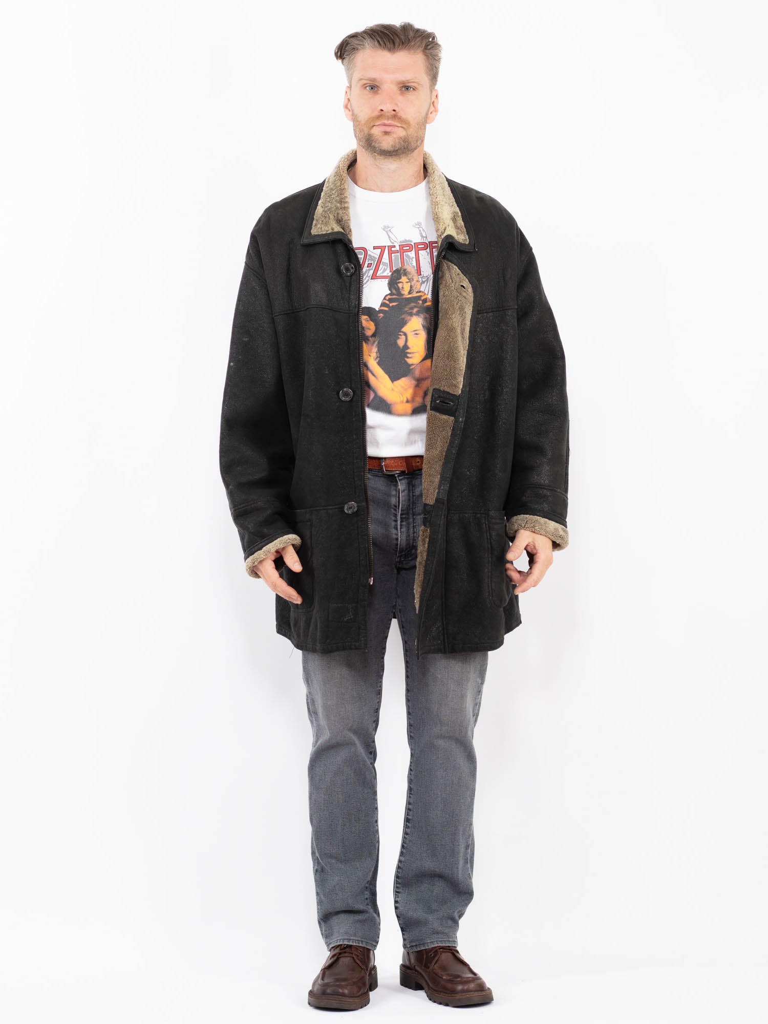Vintage 90's Men Sheepskin Coat in Black by Northern Grip