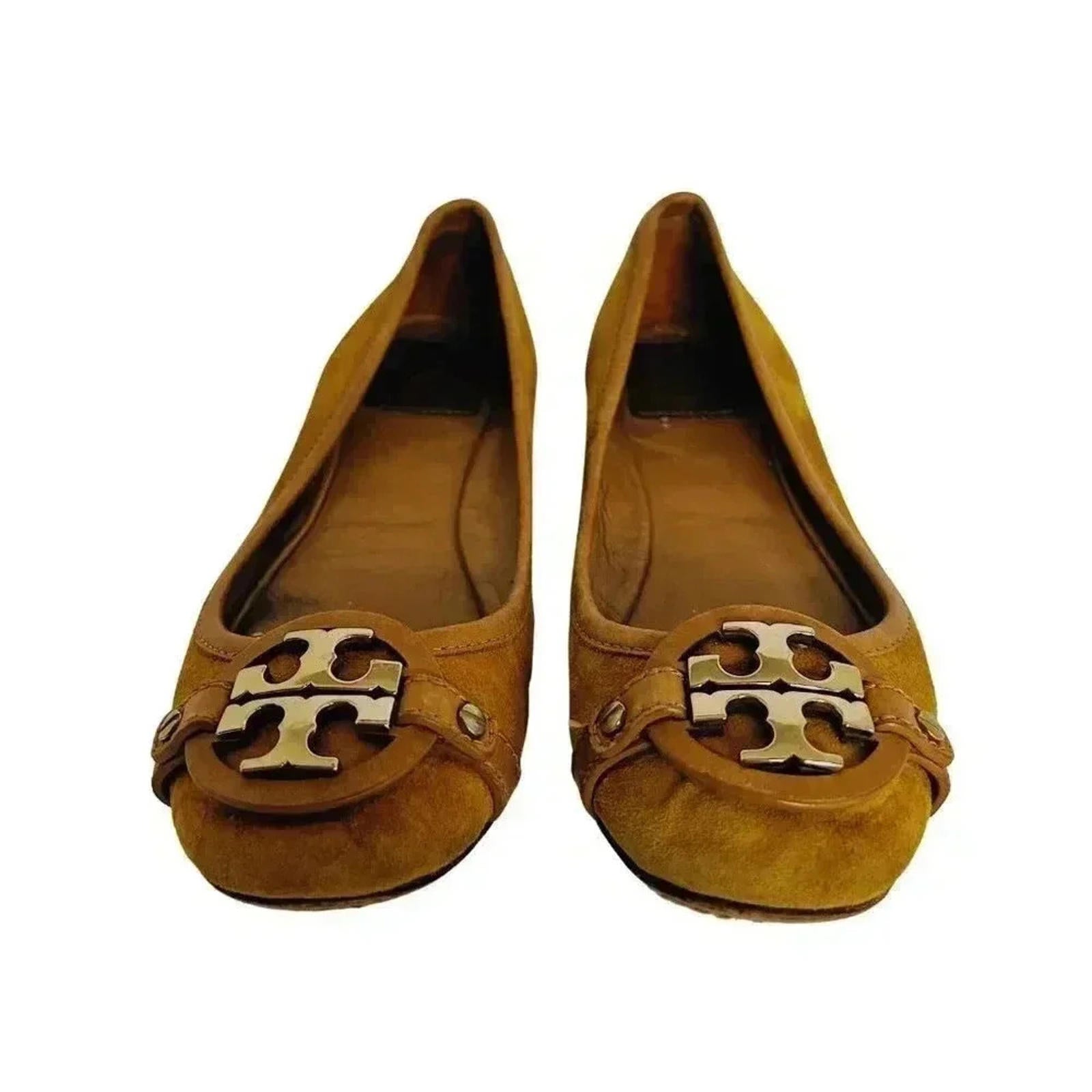Tory Burch Yellow Suede Flats With Gold Emblem Leather Ballet Flats Si by Hot Girl Secondhand