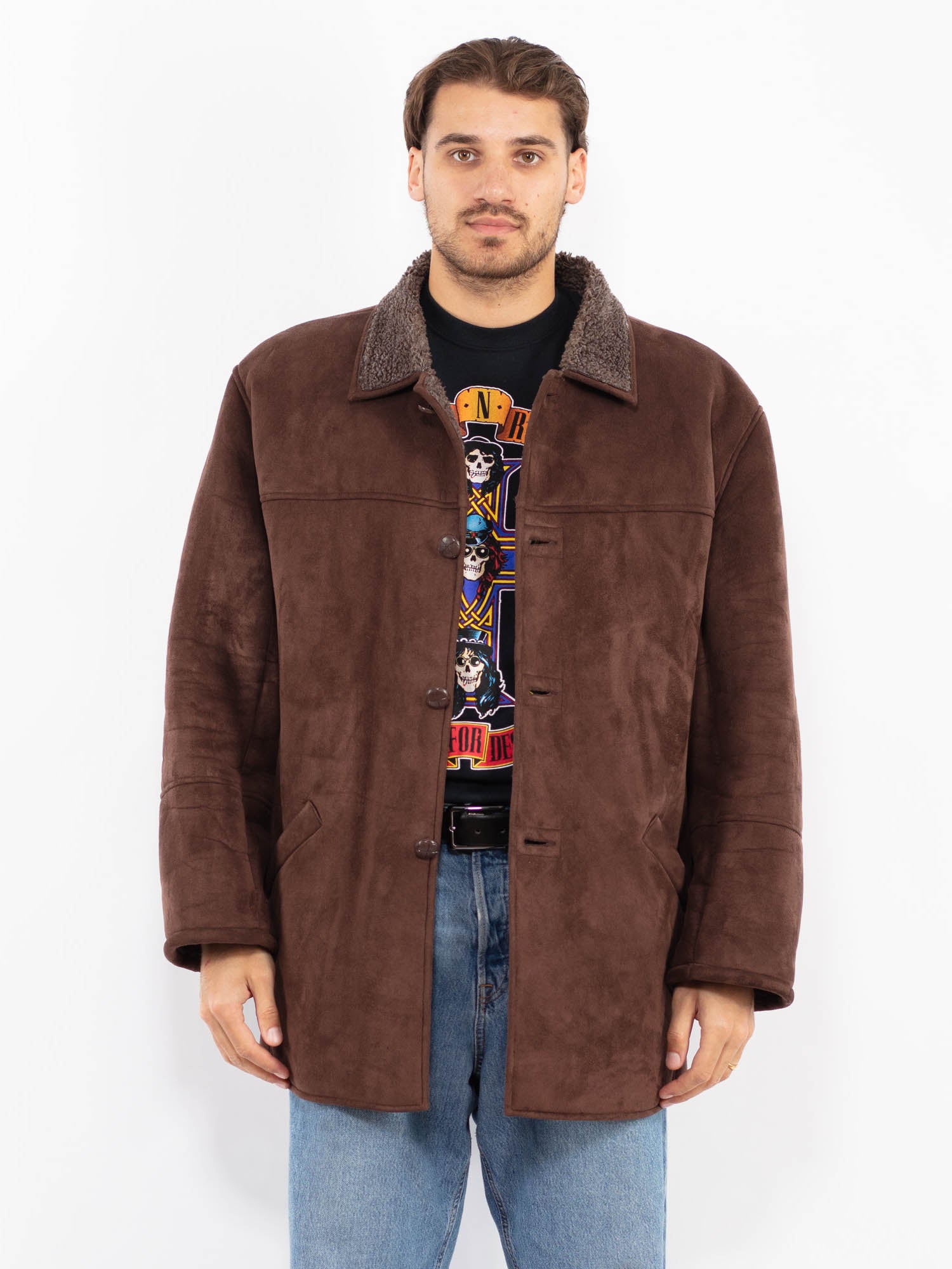 Vintage 90's Men Faux Sheepskin Coat in Brown by Northern Grip
