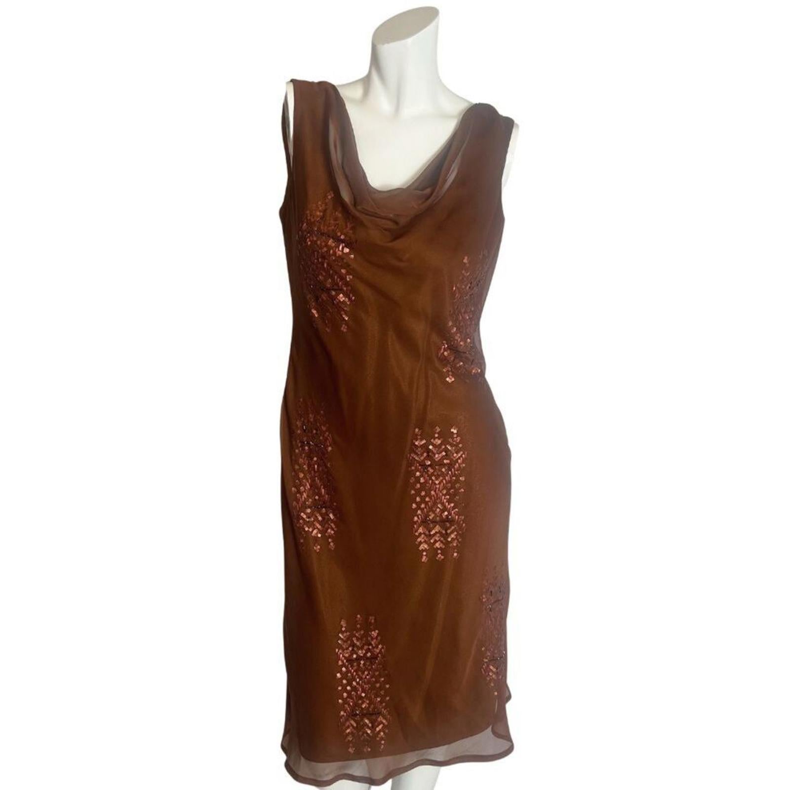 y2k Vintage Sue Wong Copper Brown Beaded Cowl Neck Midi Dress Size 10 by Hot Girl Secondhand