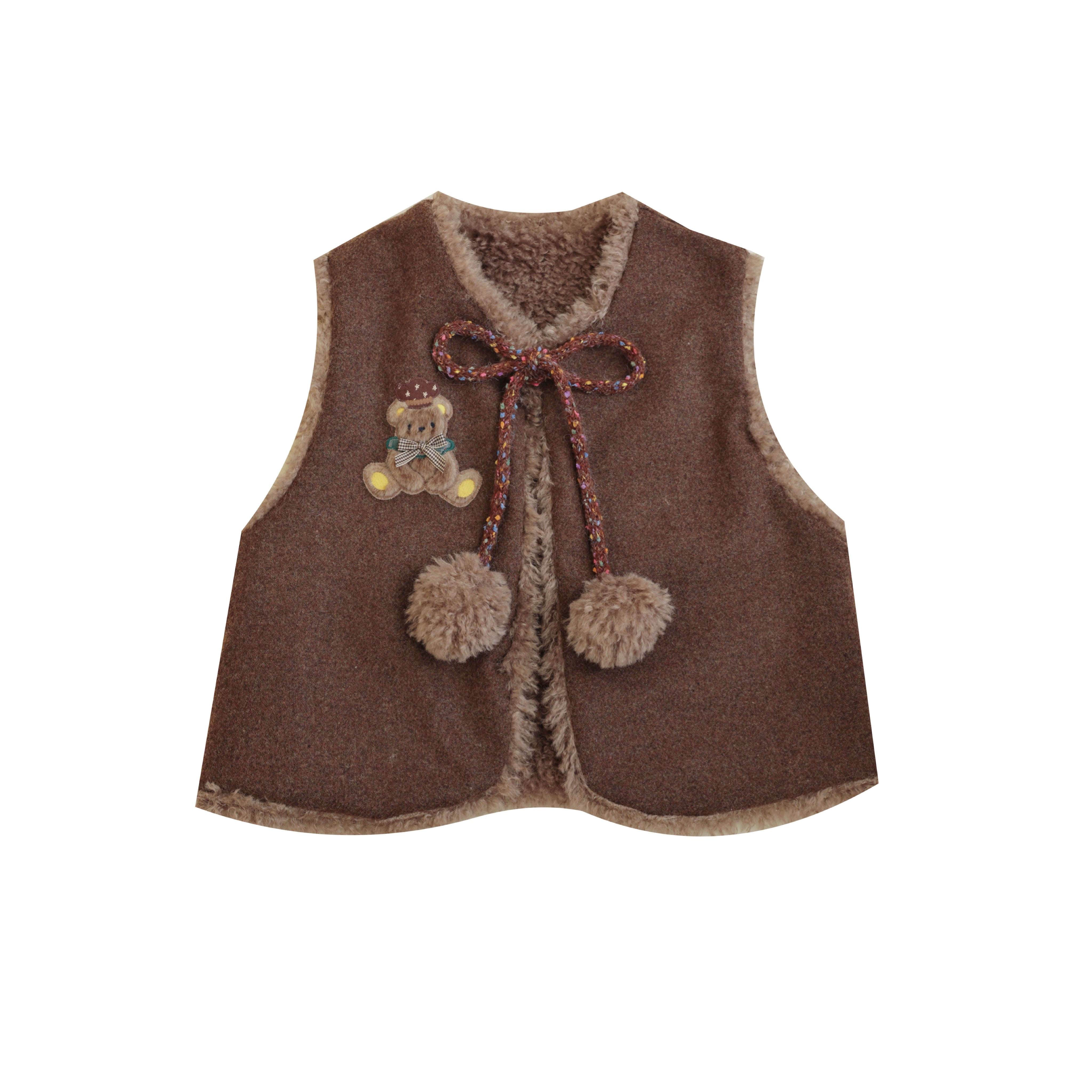Kawaii Vintage Bear Embroidered Reversible Fuzzy Pom Vest - Wool Blend - SemenCoicis by Land Decora