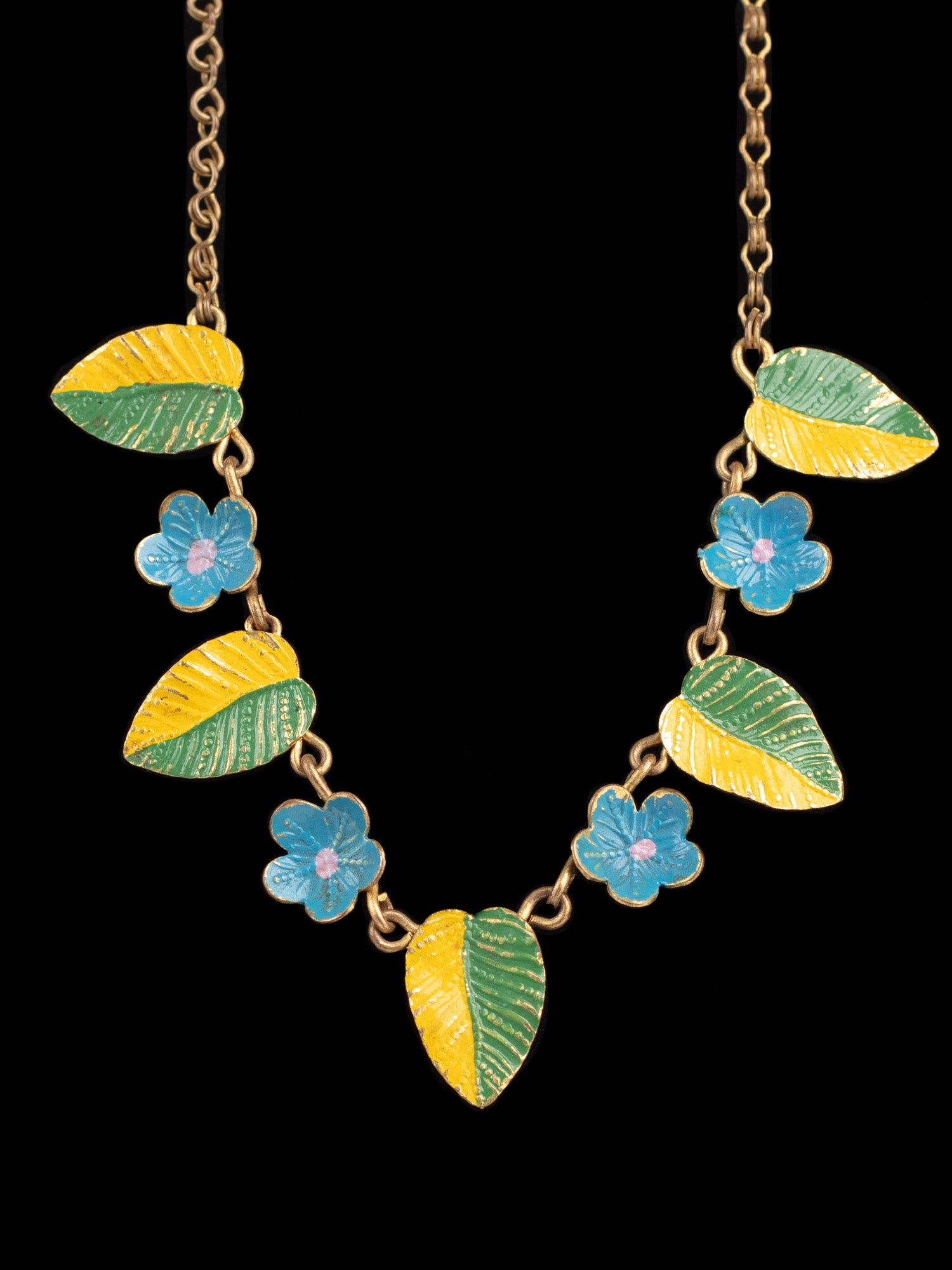Vintage 50s Floral Leaf Necklace with Yellow-Green Enamel and Blue Flowers by Northern Grip