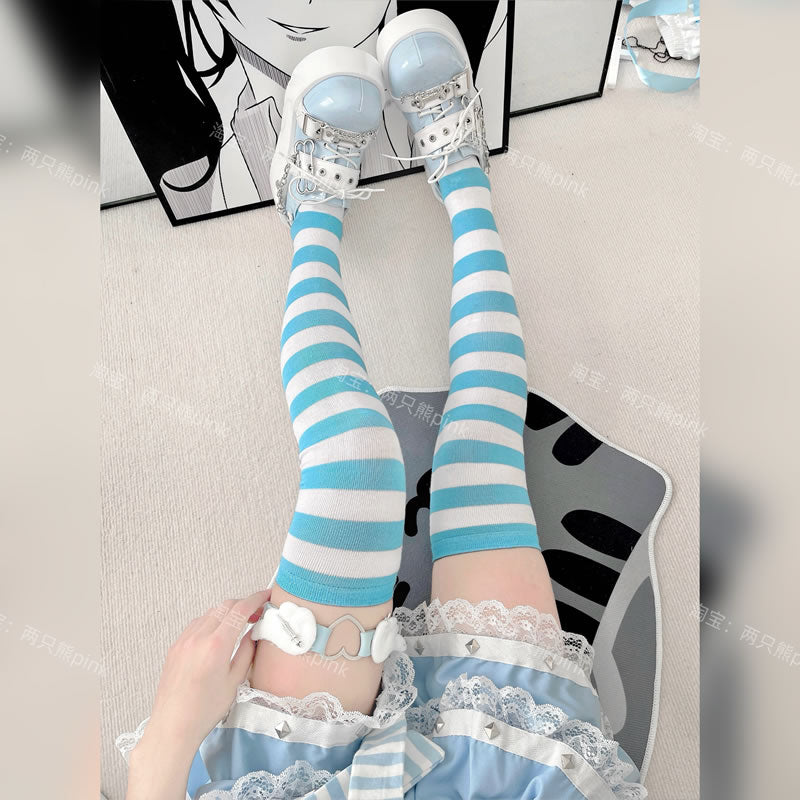 2 Bears Punk Over-the-Knee Socks | Girl's Striped Thigh-High Socks by Land Decora