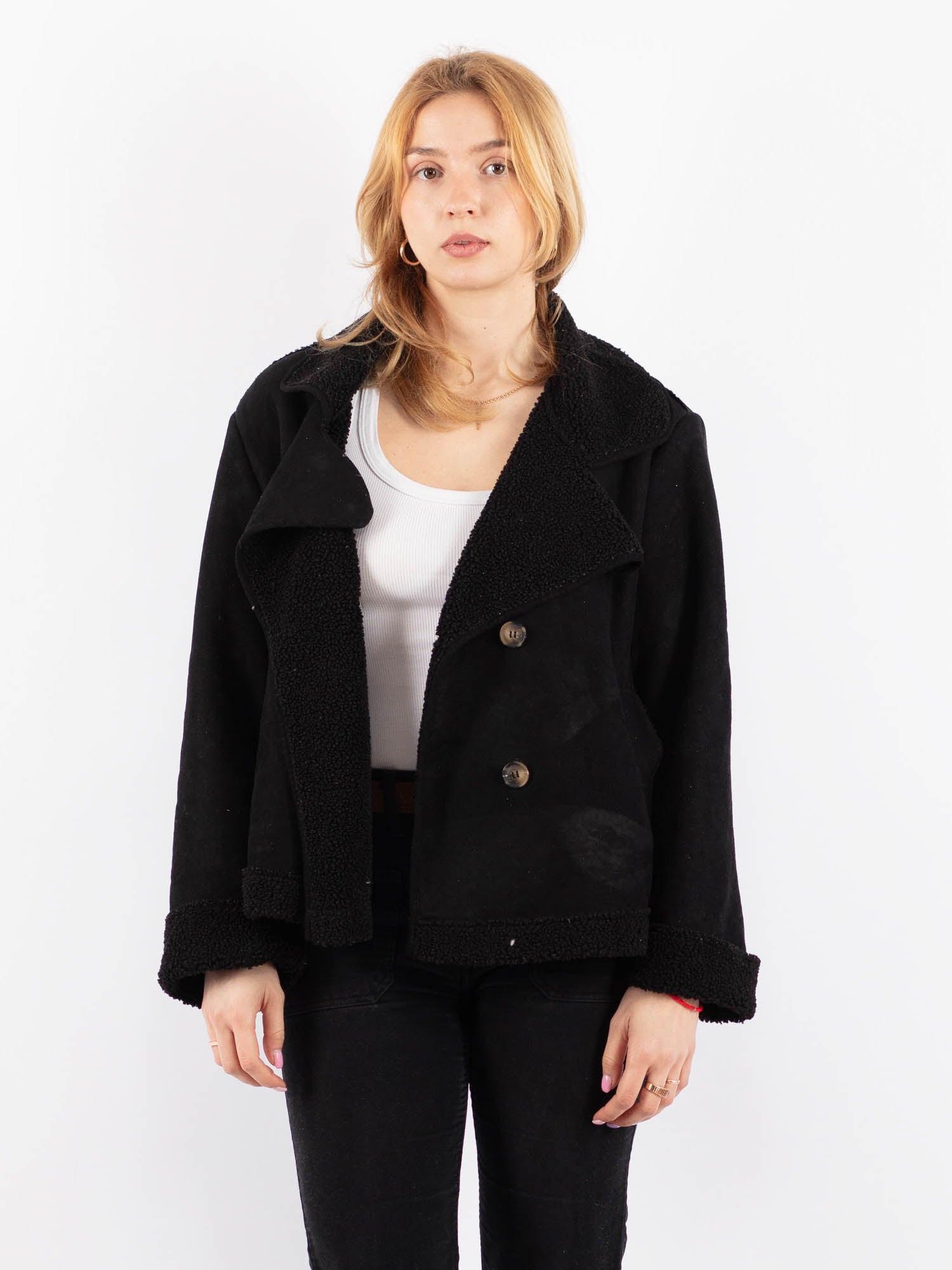 Vintage 00's Women Faux Sheepskin Jacket in Black by Northern Grip