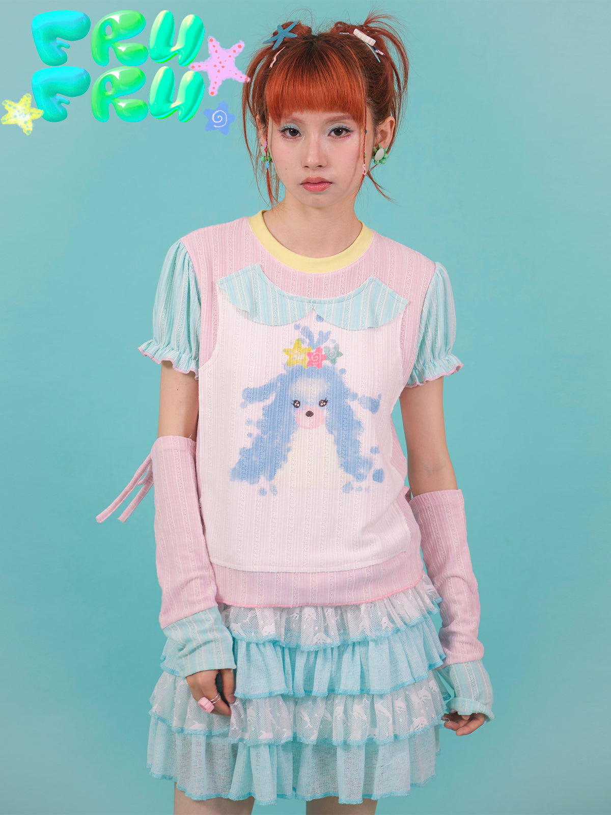 FruFru Summer Colorblock T-shirt | Dog Print Cotton T-shirt | Casual S by Land Decora