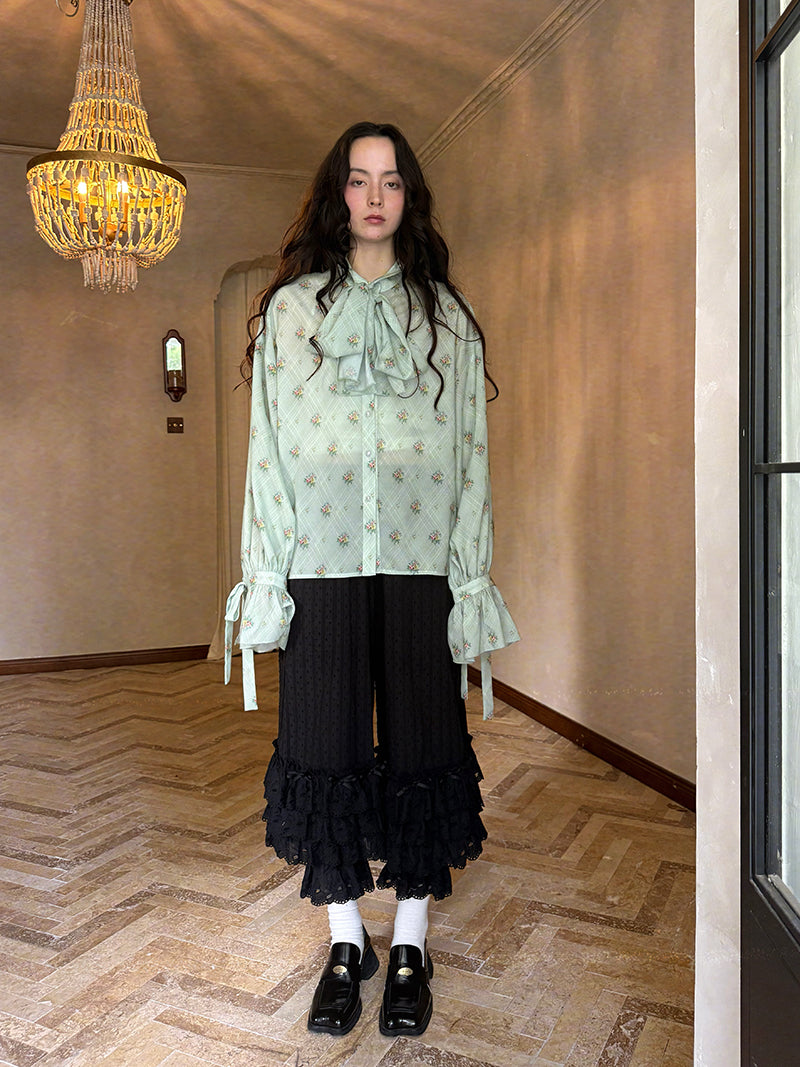 Daytoday Everyday Institute Bow Vintage Jacquard Blouse – Puff Sleeve Retro Top by Land Decora