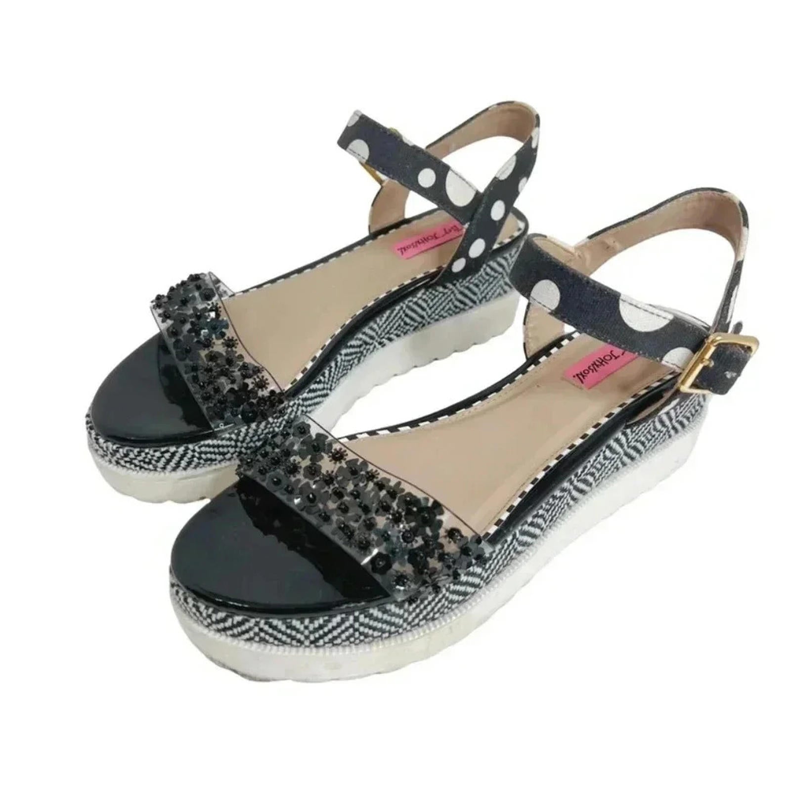 Betsey Johnson Faegan Wedge Sandal Black and White Women's Size 9.5 by Hot Girl Secondhand