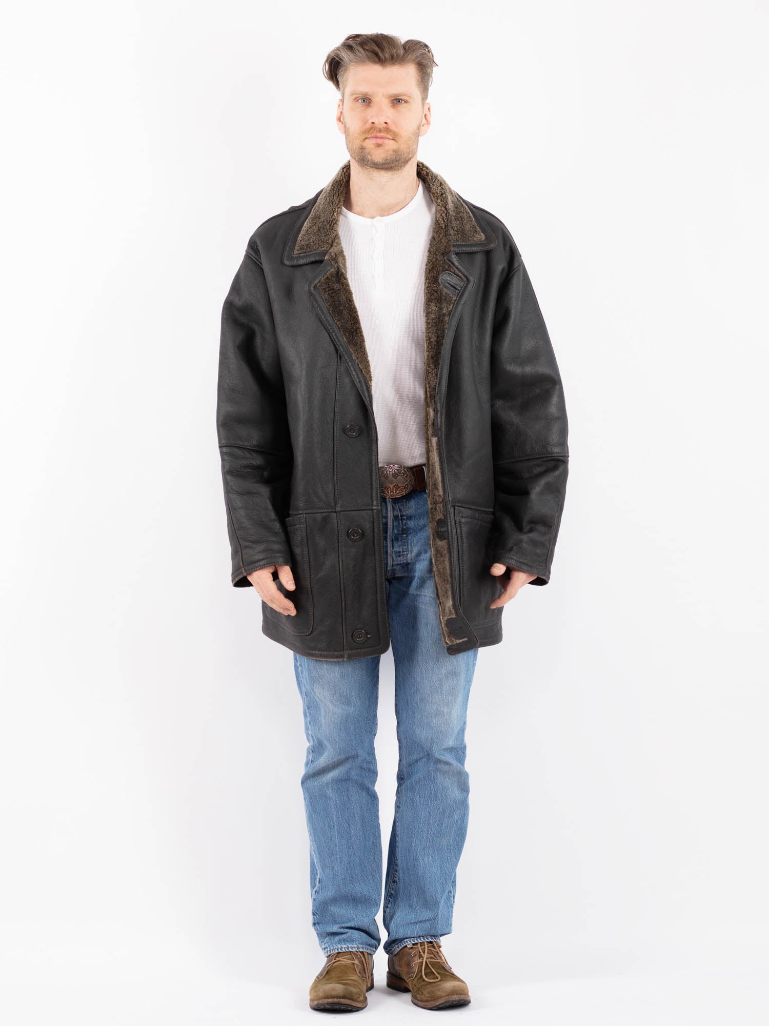 Vintage 90's Men Sheepskin Coat in Black by Northern Grip