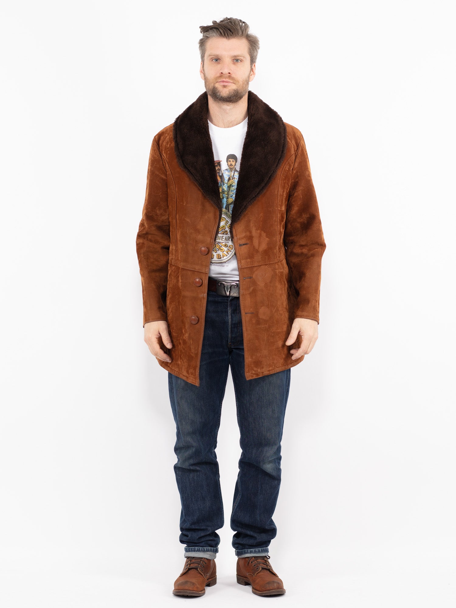 Vintage 90's Men Faux Sheepskin Coat in Brown by Northern Grip