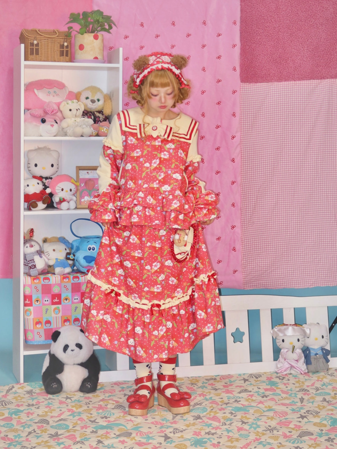 LULULULU Red Dessert Time Apple Print Blouse & Skirt Set | Kawaii Sweet Vintage Outfit by Land Decora
