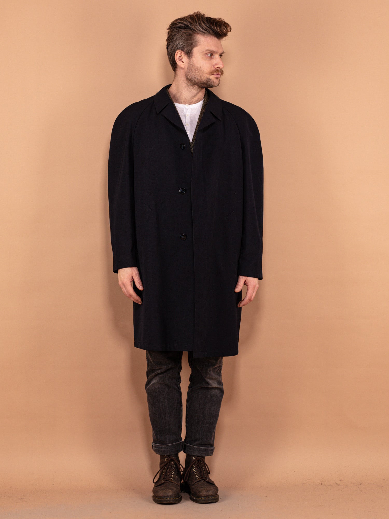 Vintage 70's Men Minimalist Wool Blend Coat in Navy Blue by Northern Grip