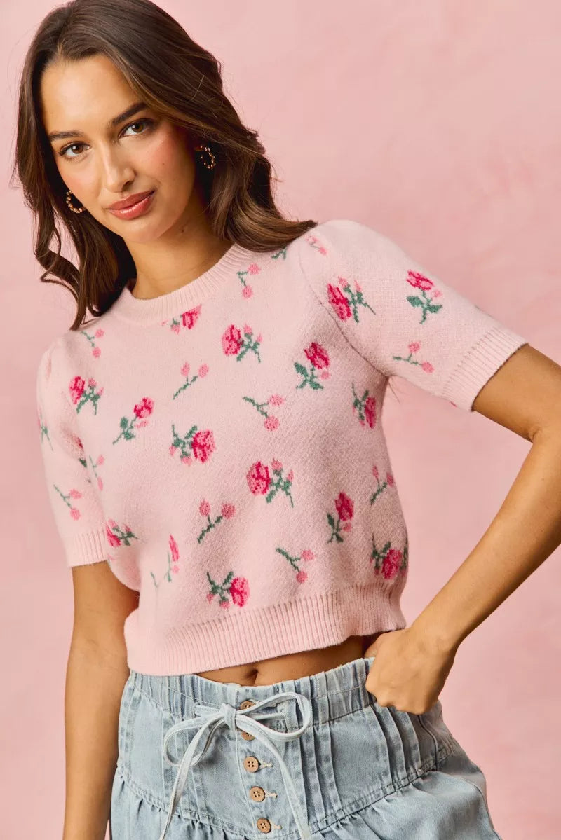 FLORAL PATTERN KNIT PUFF SLEEVE SWEATER TOP by RAËLIV