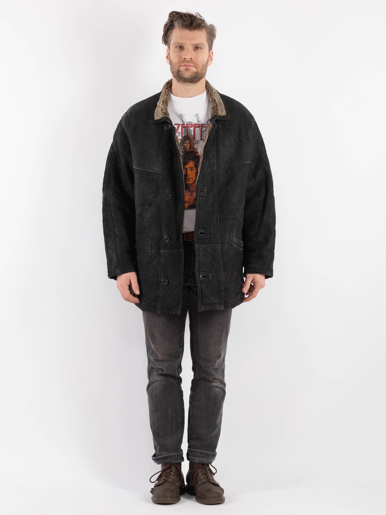 Vintage 90's Men Sheepskin Coat in Black by Northern Grip