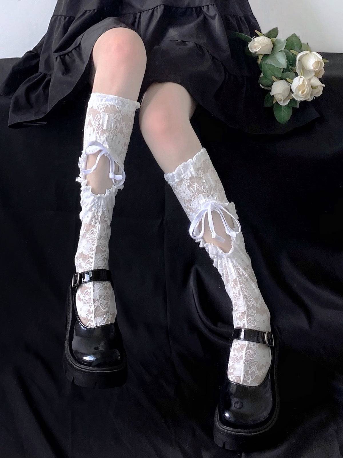 2 bears White Lace Calf Socks | Drawstring Hollow-Out Ribbon Socks by Land Decora