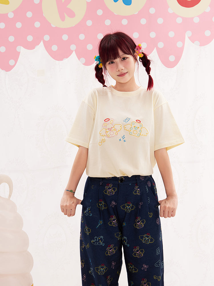 NIKKOU Cute Short Sleeve Tee | Kawaii Embroidered Cotton T-Shirt by Land Decora