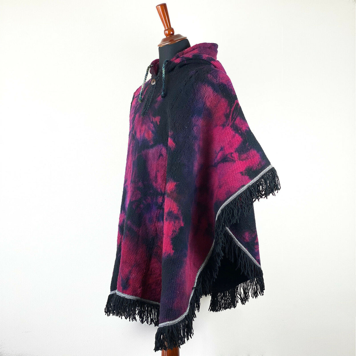 Llama Wool Unisex South American Handwoven Hooded Poncho - black/purpl by ECUALAMA