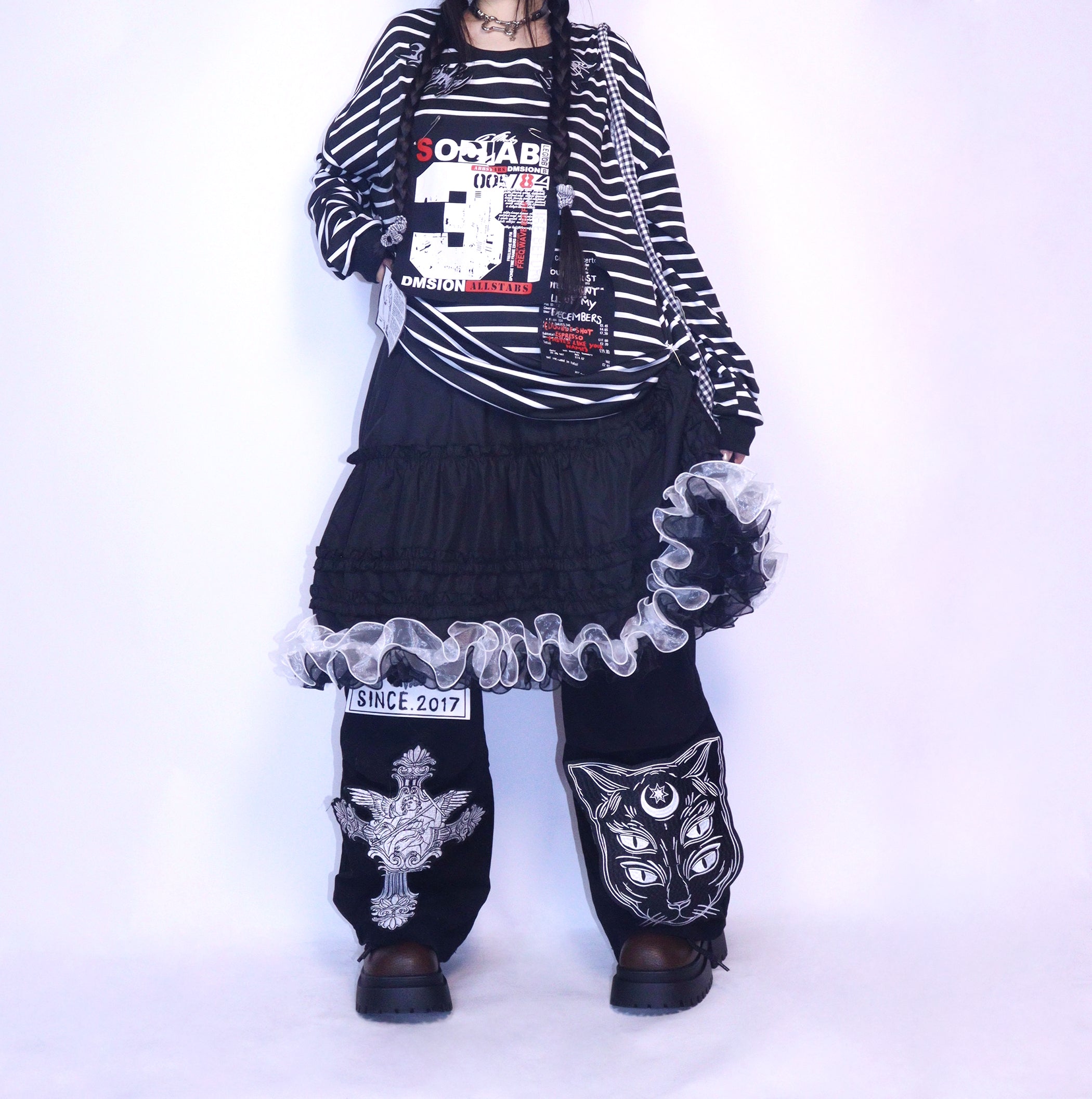 Y2K Sweet Punk Ruffle A-Line Skirt - Elastic Waist Long Skirt - Leerroo by Land Decora
