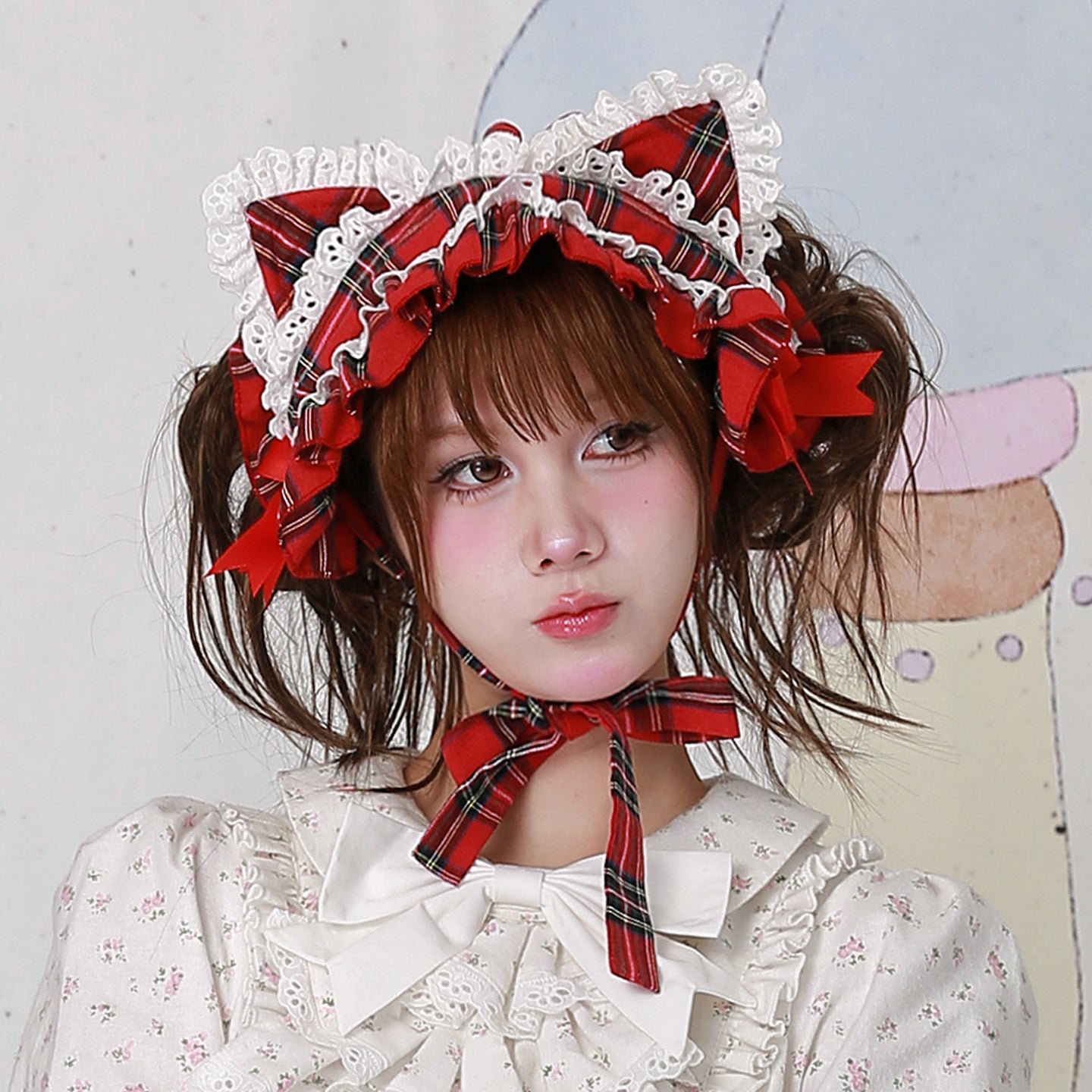 Kawaii Headband Christmas Red Plaid Cat Ear Lolita - SOS MEME CLUB by Land Decora
