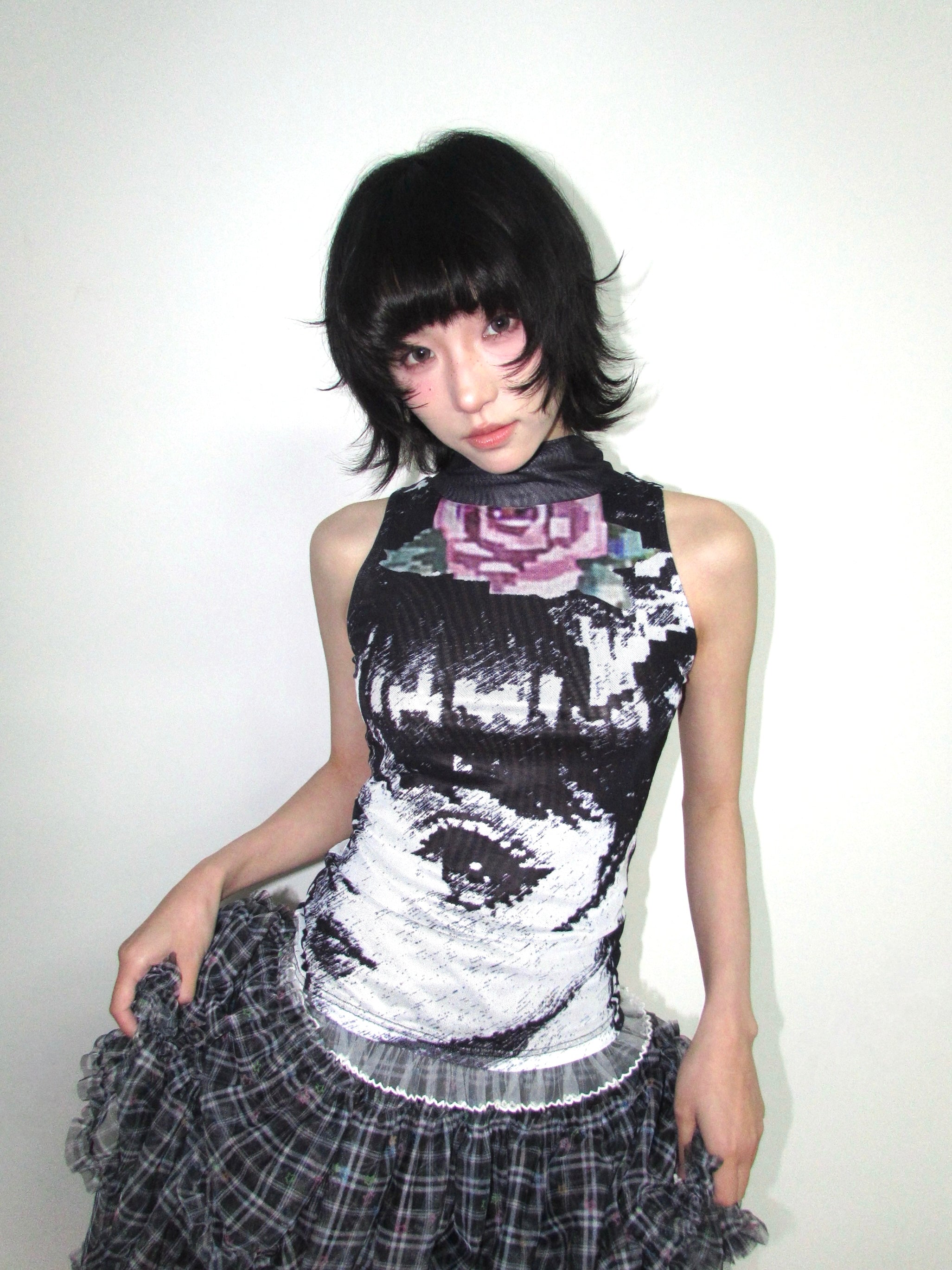 OurHappy Manga Girl Top | Double-Layer Mesh Sleeveless Top | Black & W by Land Decora