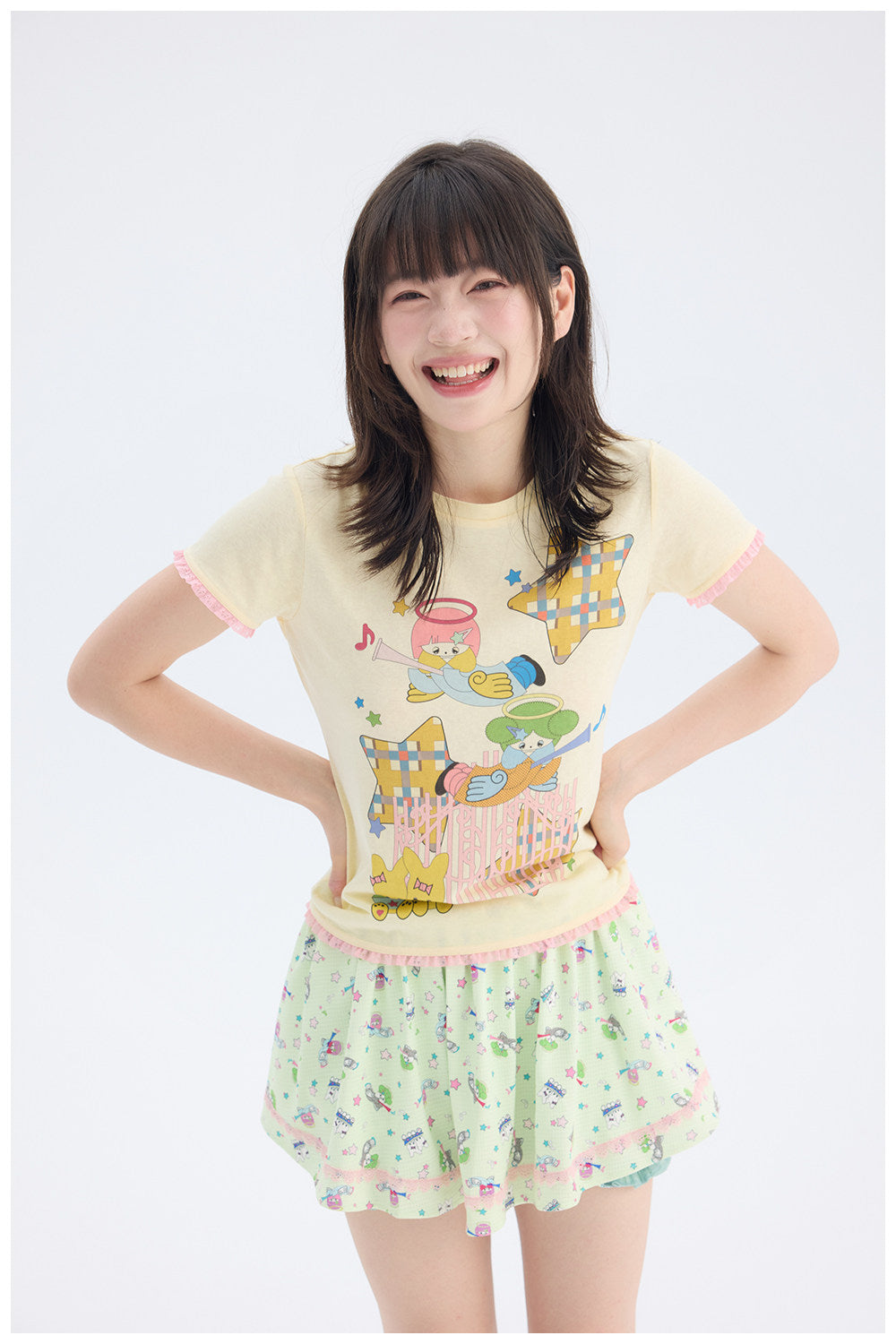 Mint Green Angel Print Skort | Fairy Kei Kawaii Harajuku Shorts by Land Decora