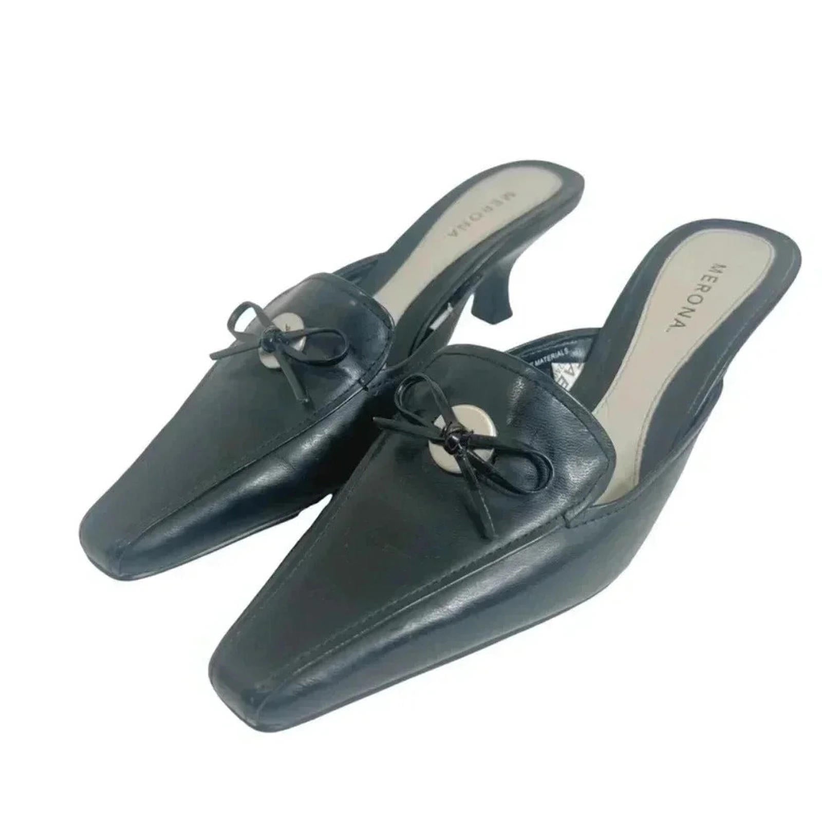 Y2k Merona Allyn Black Leather Kitten Heels Bow Size 5.5 by Hot Girl Secondhand